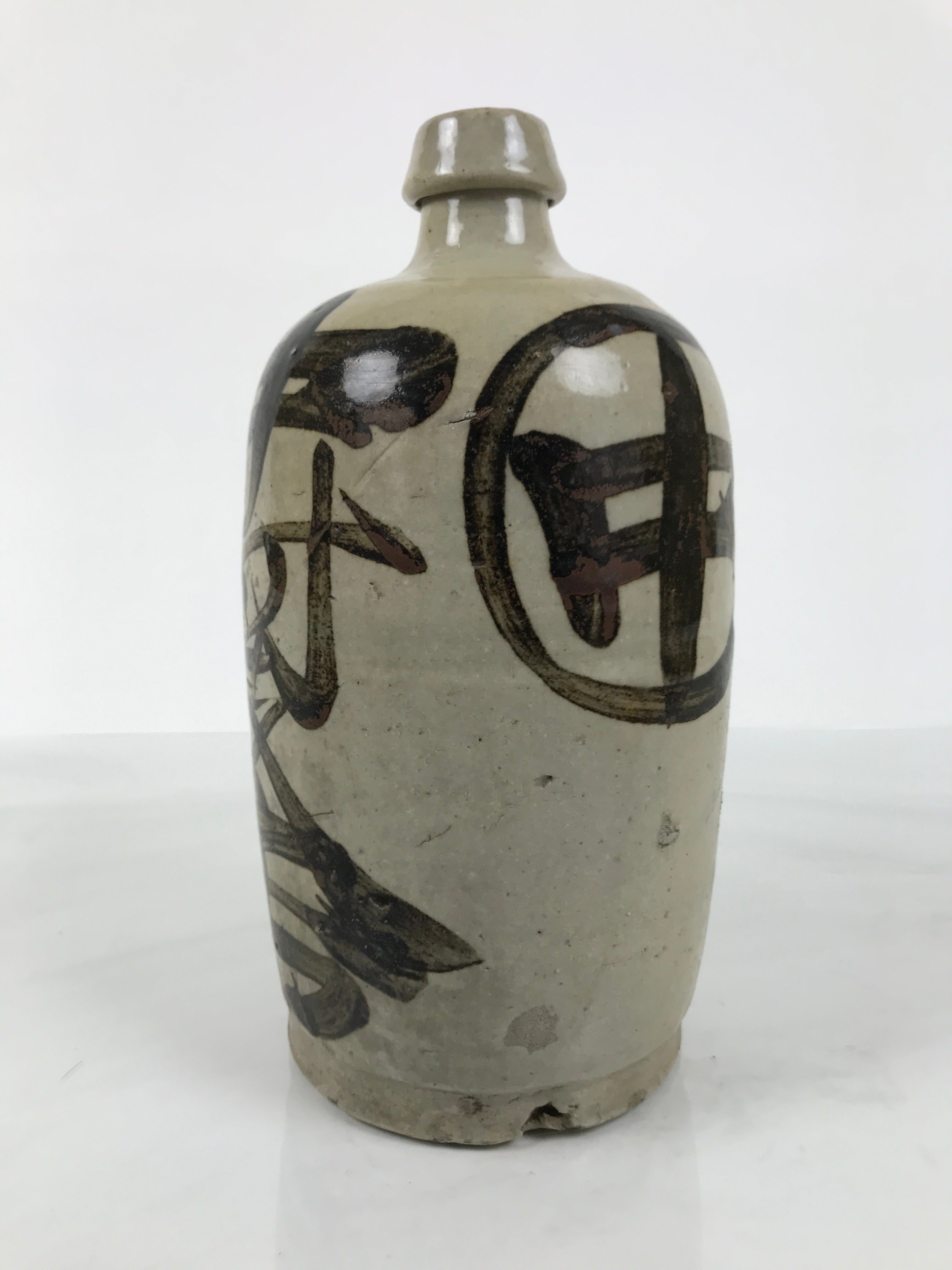 Antique Japanese Ceramic Sake Bottle Kayoi-Tokkuri Gray Kanji Nakamura TS864