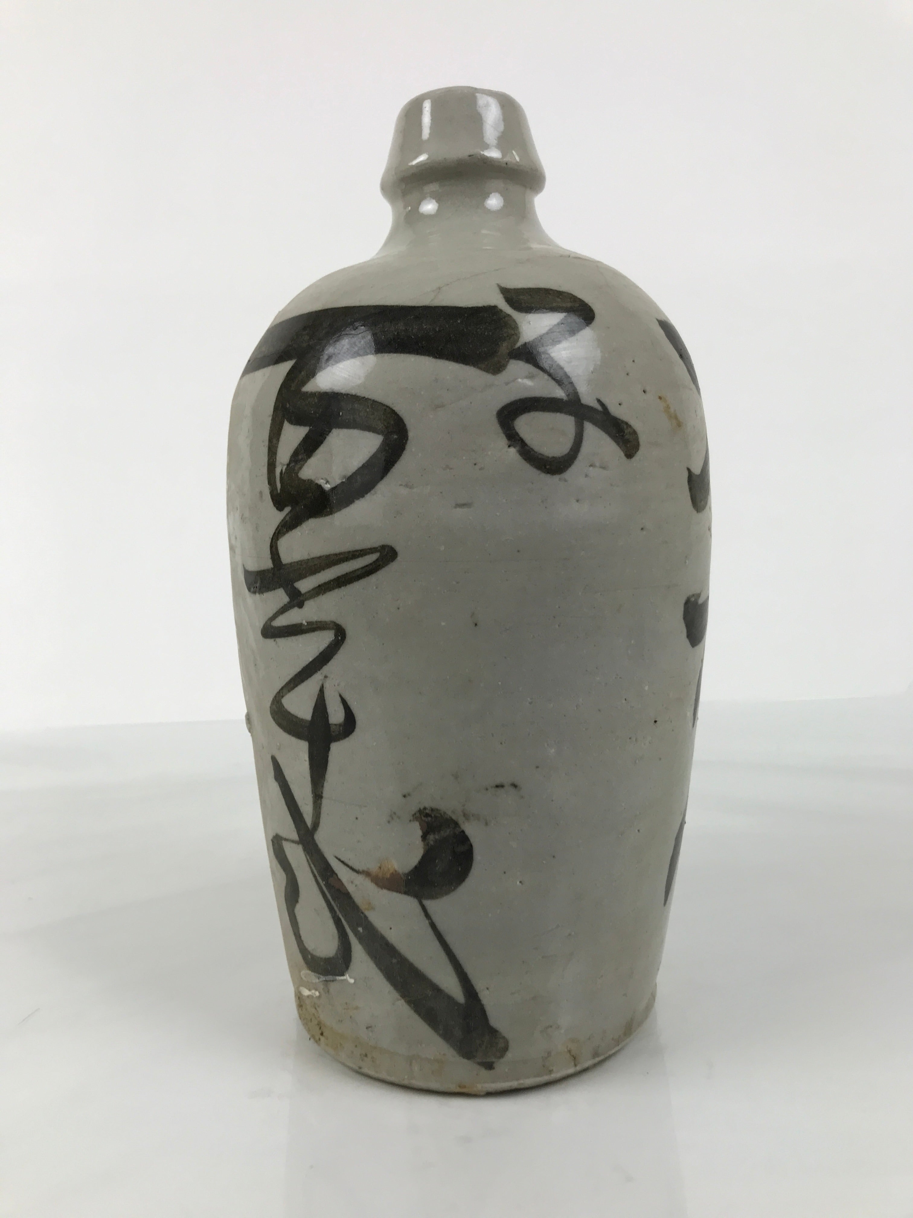 Antique Japanese Ceramic Sake Bottle Kayoi-Tokkuri Gray Kanji Omuraya TS854