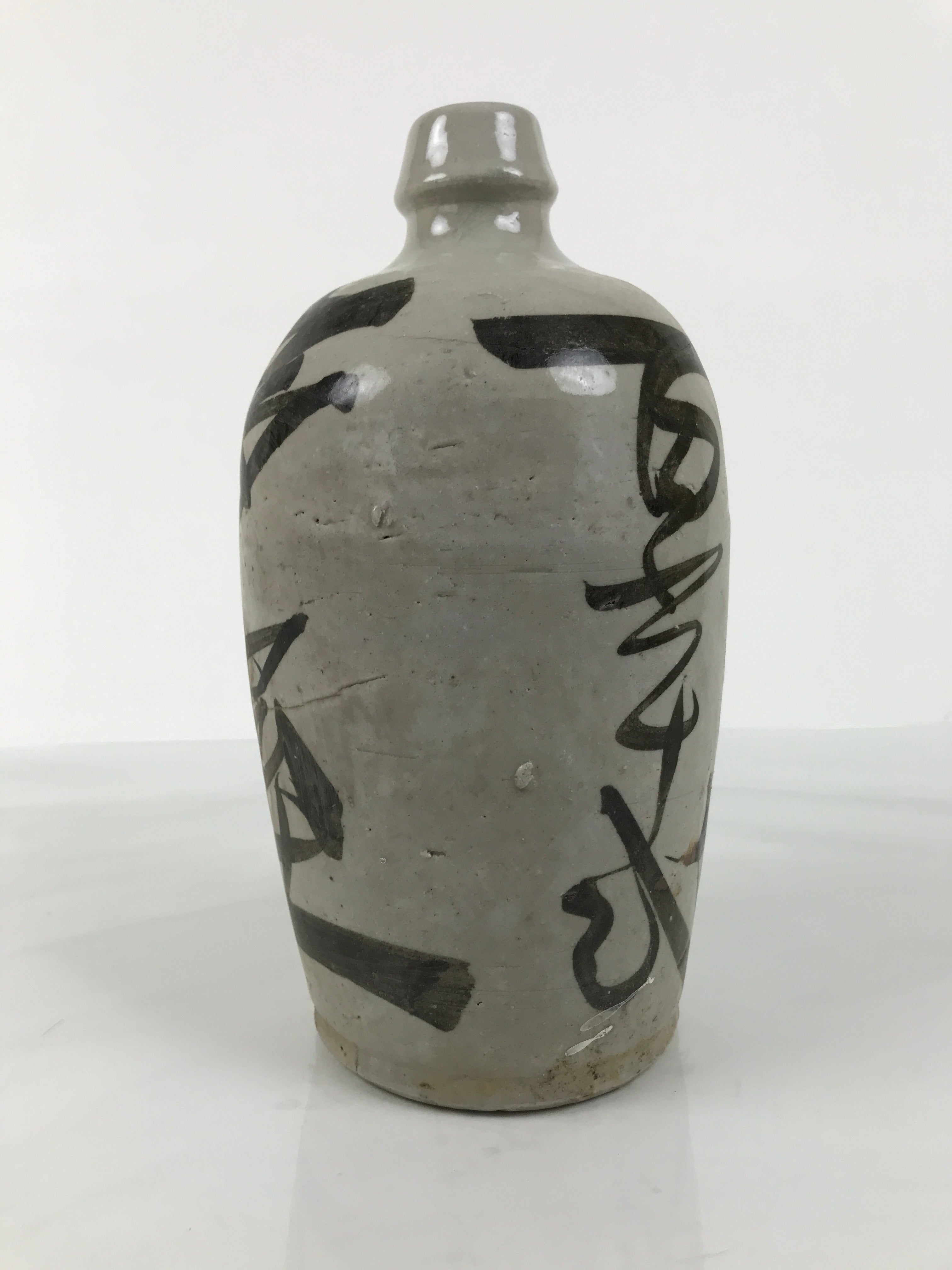 Antique Japanese Ceramic Sake Bottle Kayoi-Tokkuri Gray Kanji Omuraya TS854