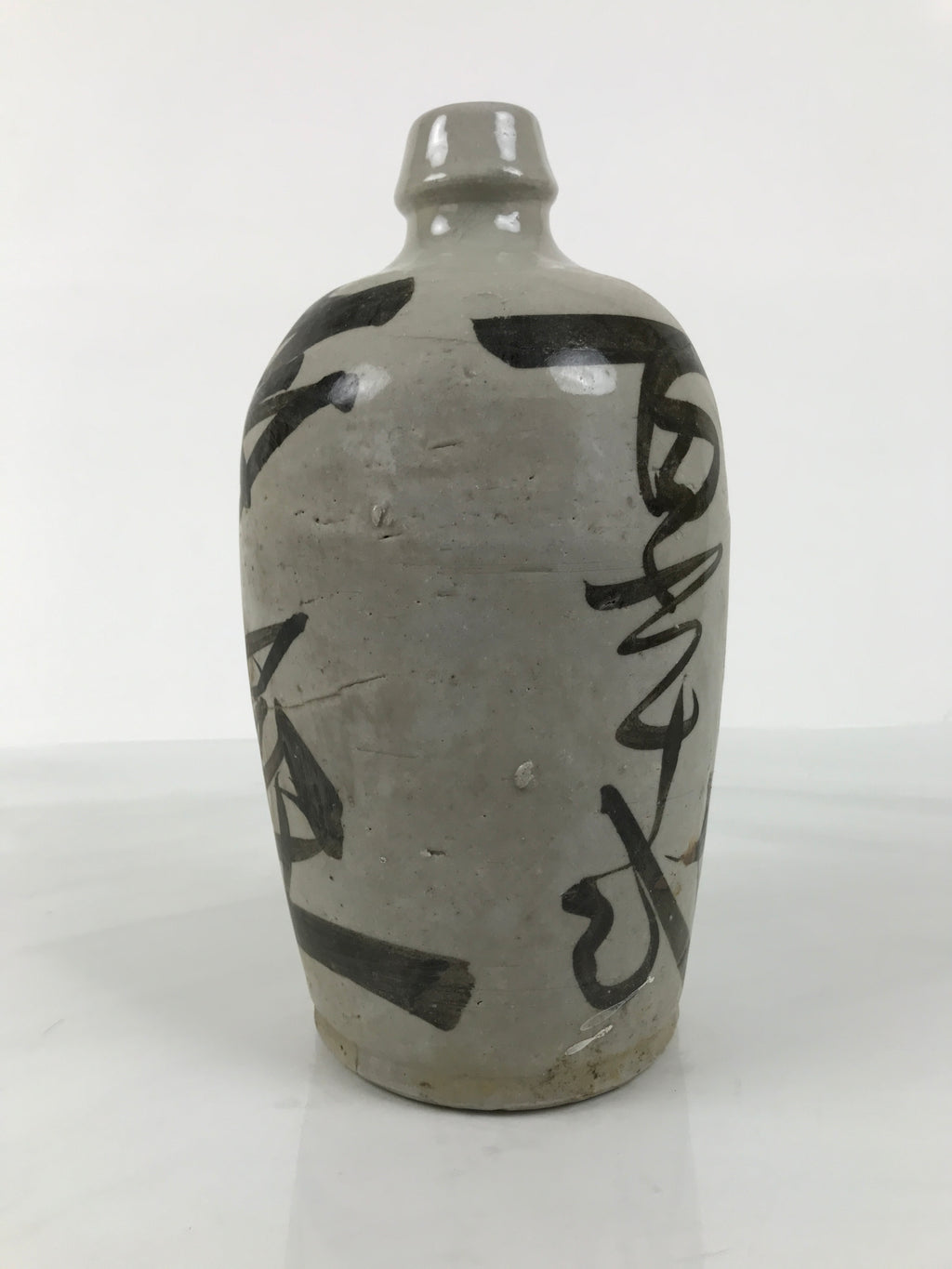 Antique Japanese Ceramic Sake Bottle Kayoi-Tokkuri Gray Kanji Omuraya TS854