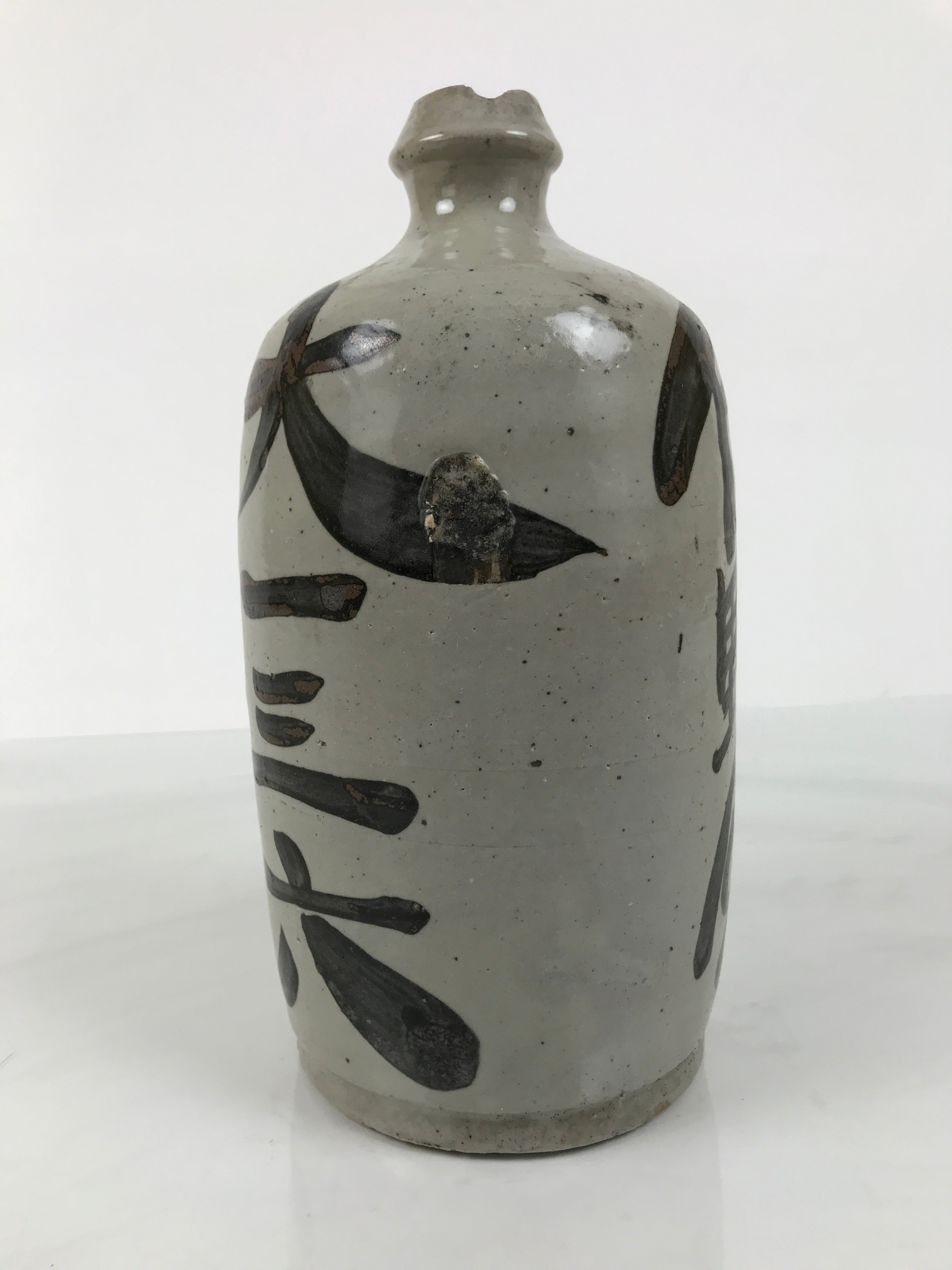 Antique Japanese Ceramic Sake Bottle Kayoi-Tokkuri Gray Kanji Sanoya TS860