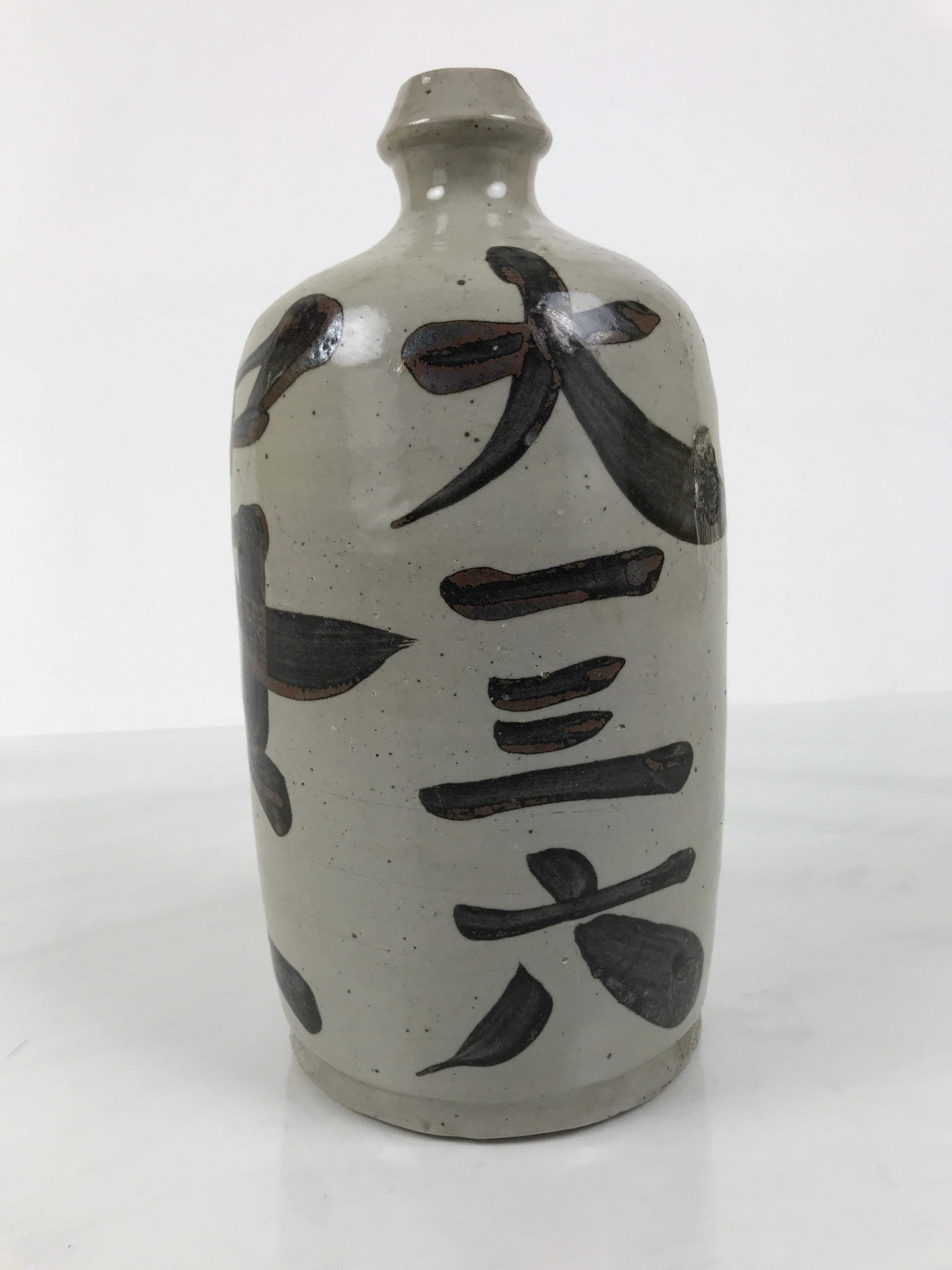 Antique Japanese Ceramic Sake Bottle Kayoi-Tokkuri Gray Kanji Sanoya TS860