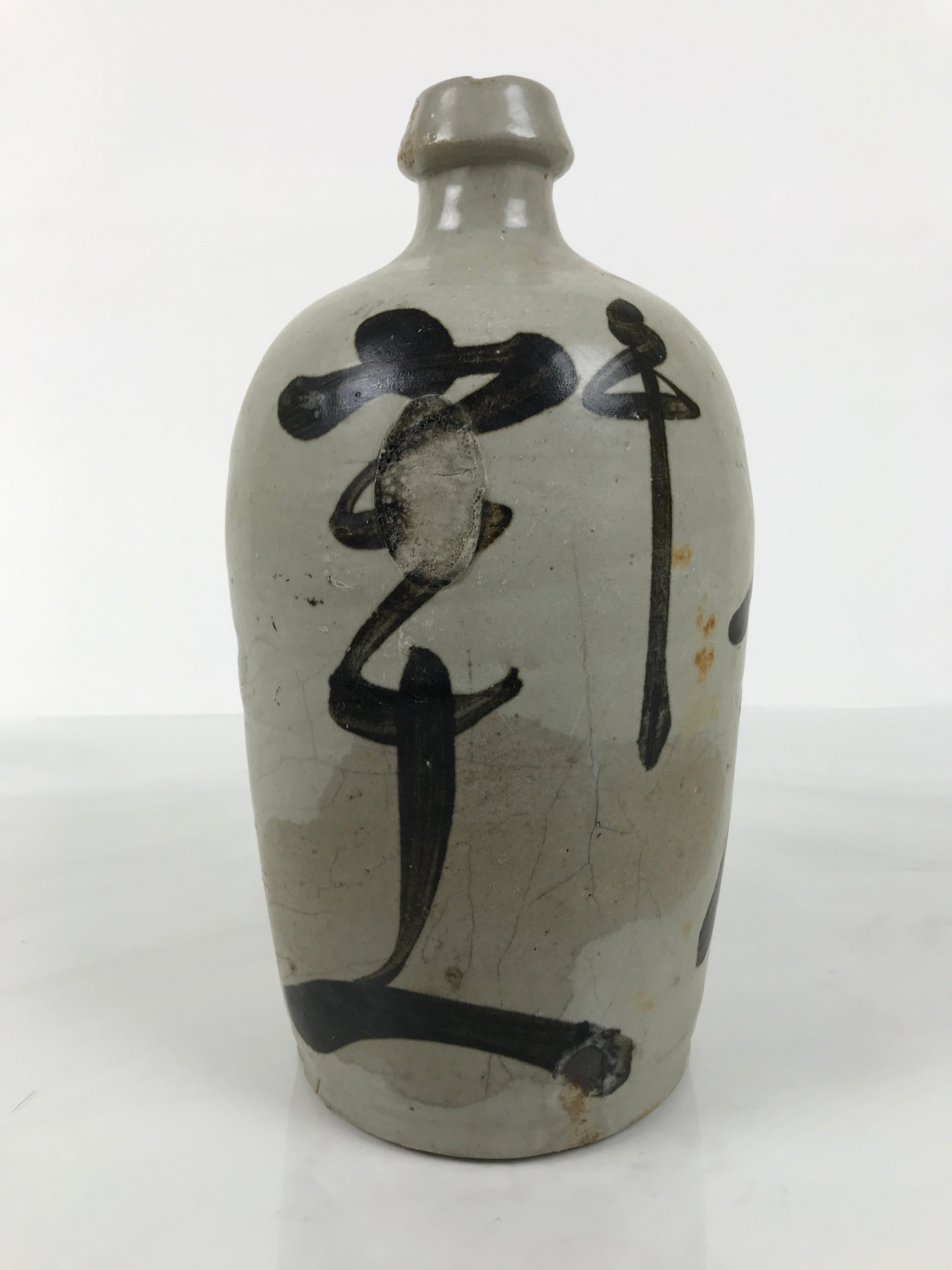 Antique Japanese Ceramic Sake Bottle Kayoi-Tokkuri Gray Kanji Shirakiya TS858