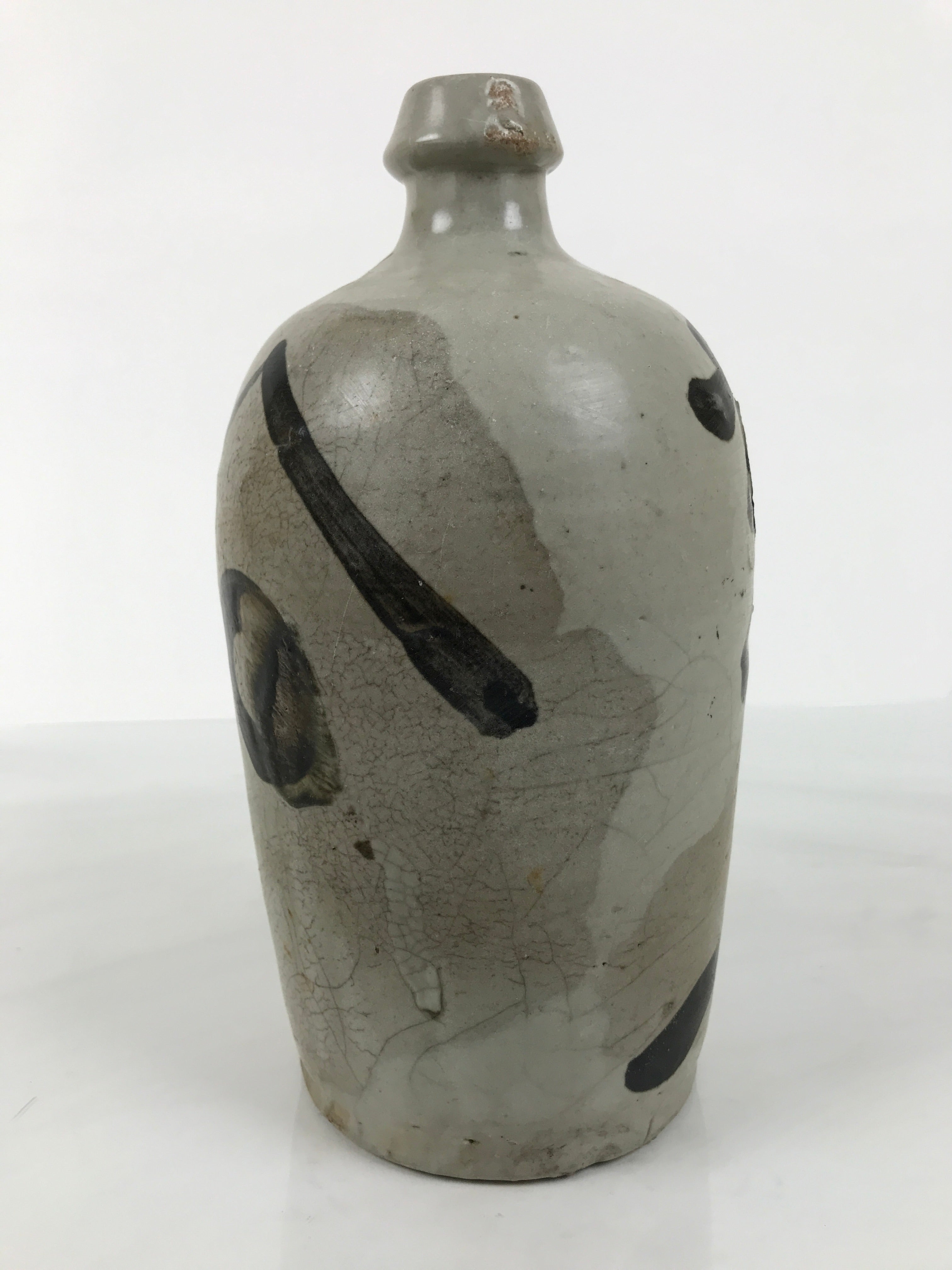 Antique Japanese Ceramic Sake Bottle Kayoi-Tokkuri Gray Kanji Shirakiya TS858