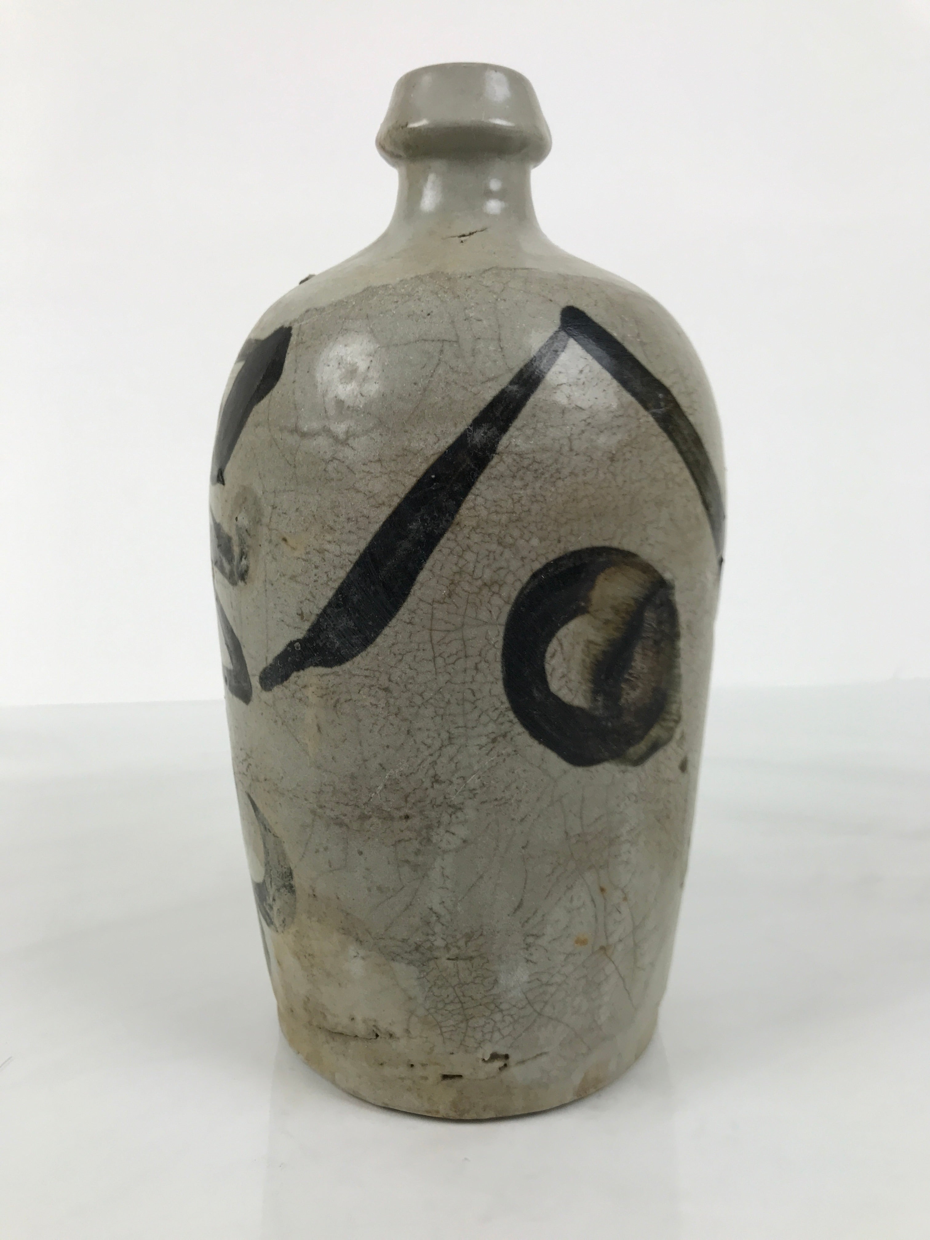 Antique Japanese Ceramic Sake Bottle Kayoi-Tokkuri Gray Kanji Shirakiya TS858