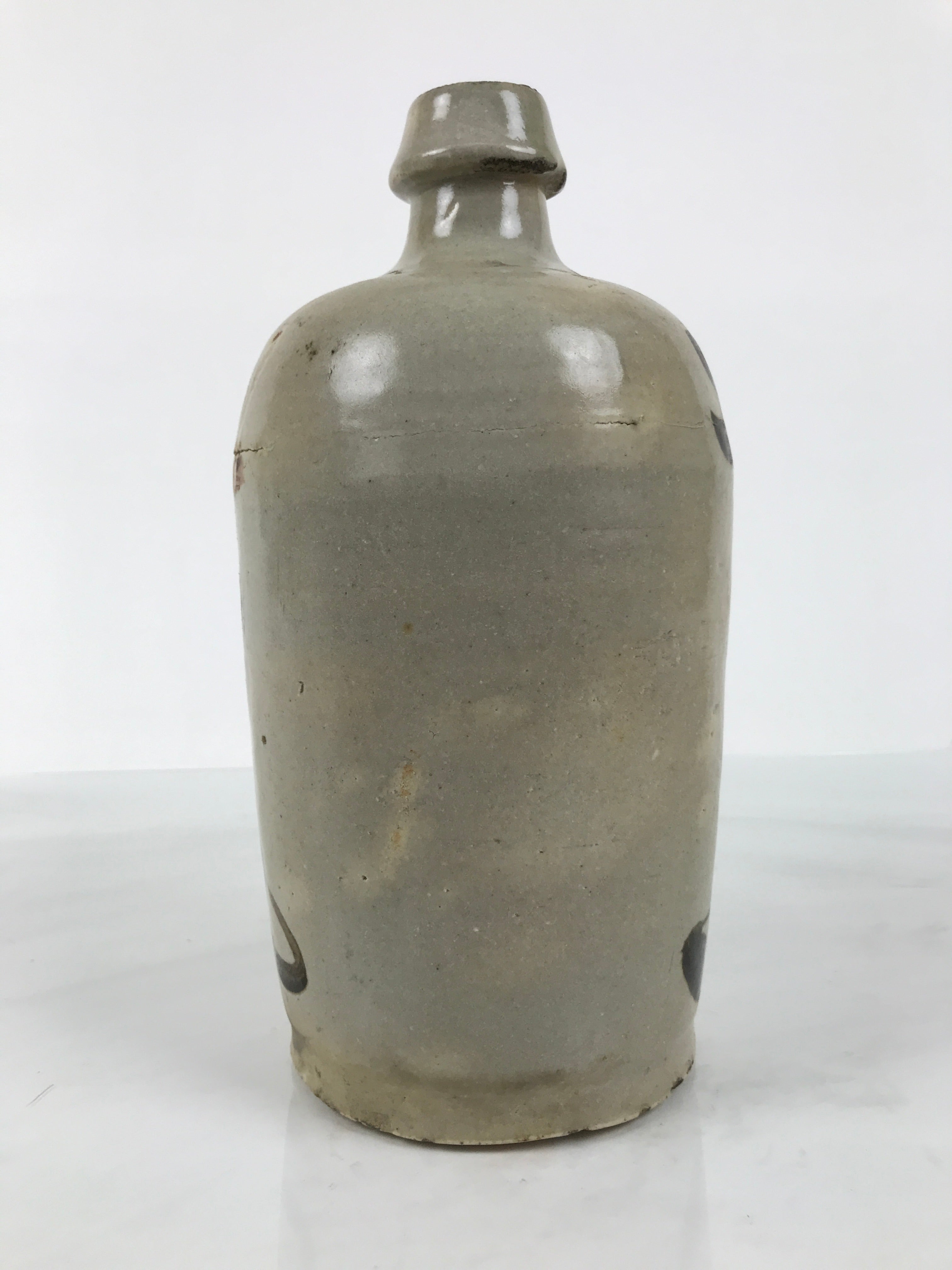 Antique Japanese Ceramic Sake Bottle Kayoi-Tokkuri Gray Kanji Suzukiya TS867