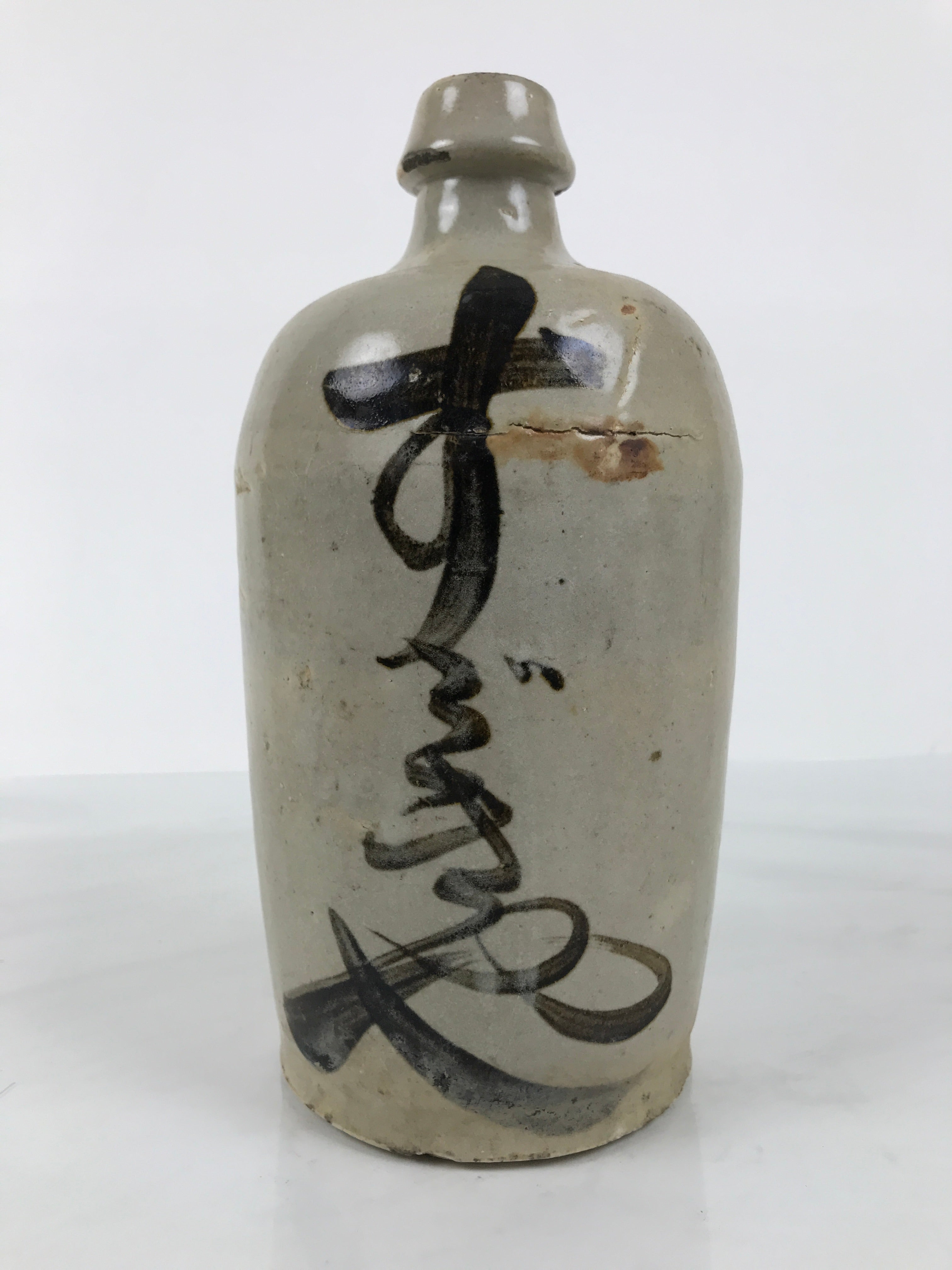 Antique Japanese Ceramic Sake Bottle Kayoi-Tokkuri Gray Kanji Suzukiya TS867