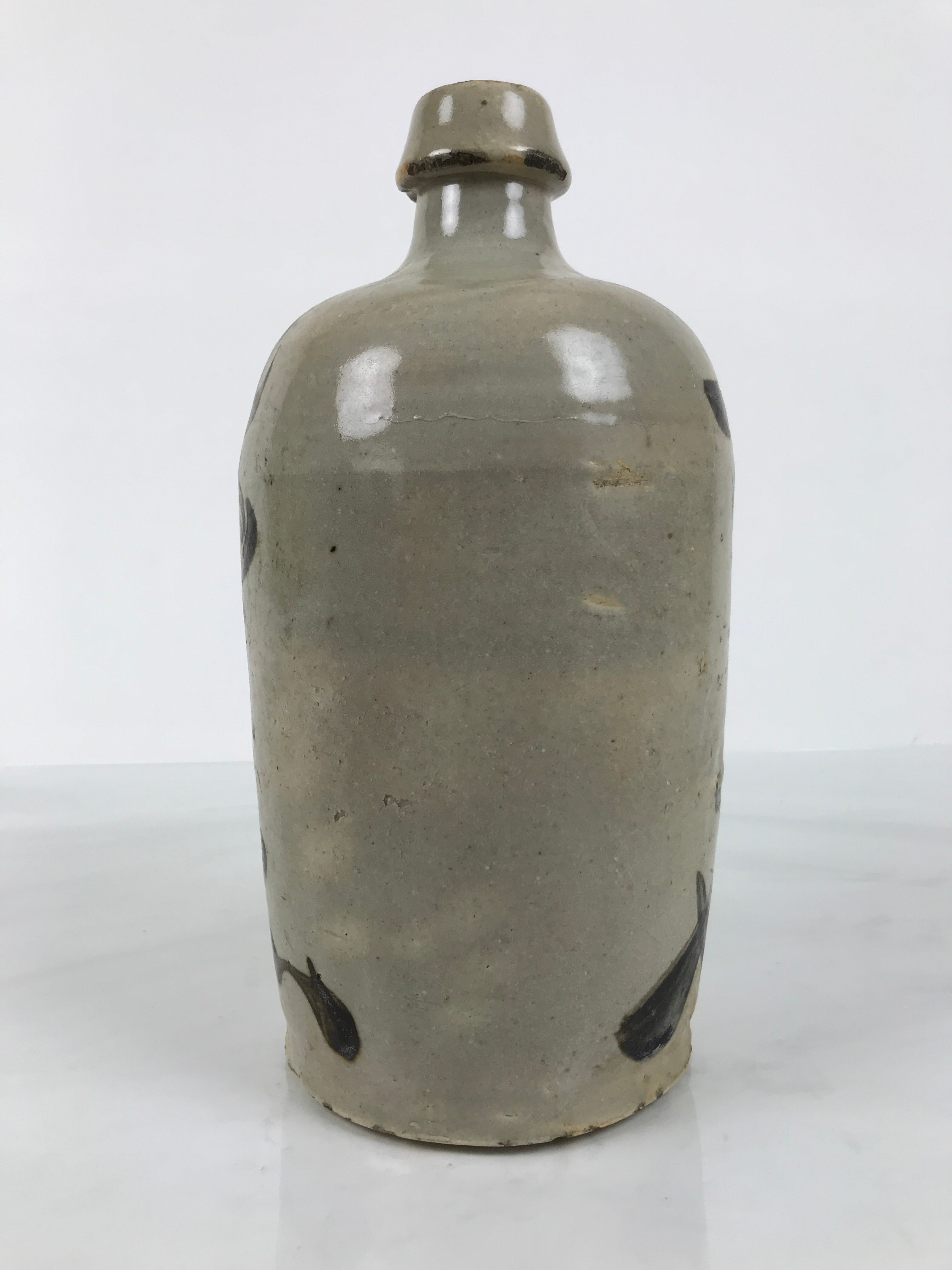 Antique Japanese Ceramic Sake Bottle Kayoi-Tokkuri Gray Kanji Suzukiya TS867