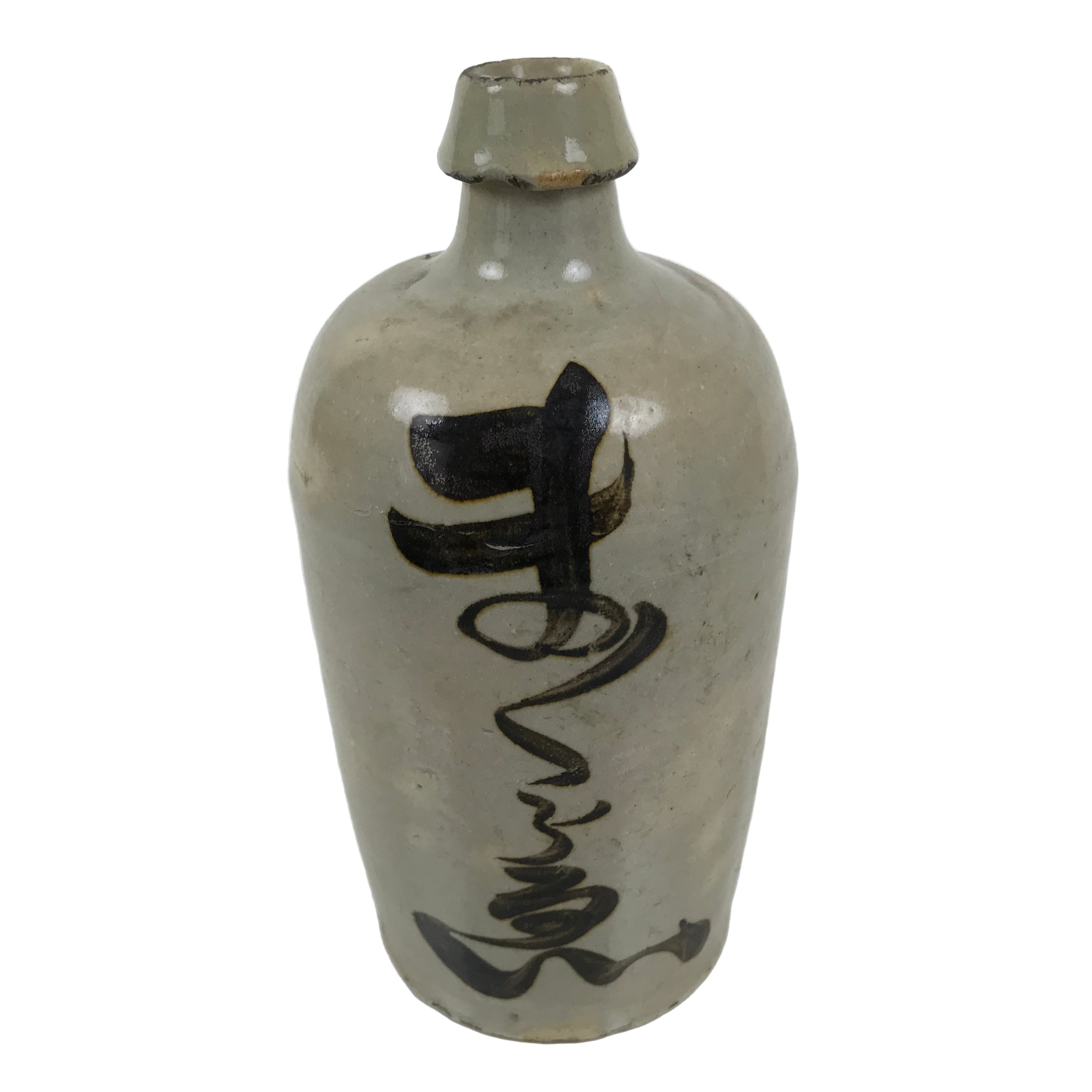 Antique Japanese Ceramic Sake Bottle Kayoi-Tokkuri Gray Kanji Suzukiya TS867