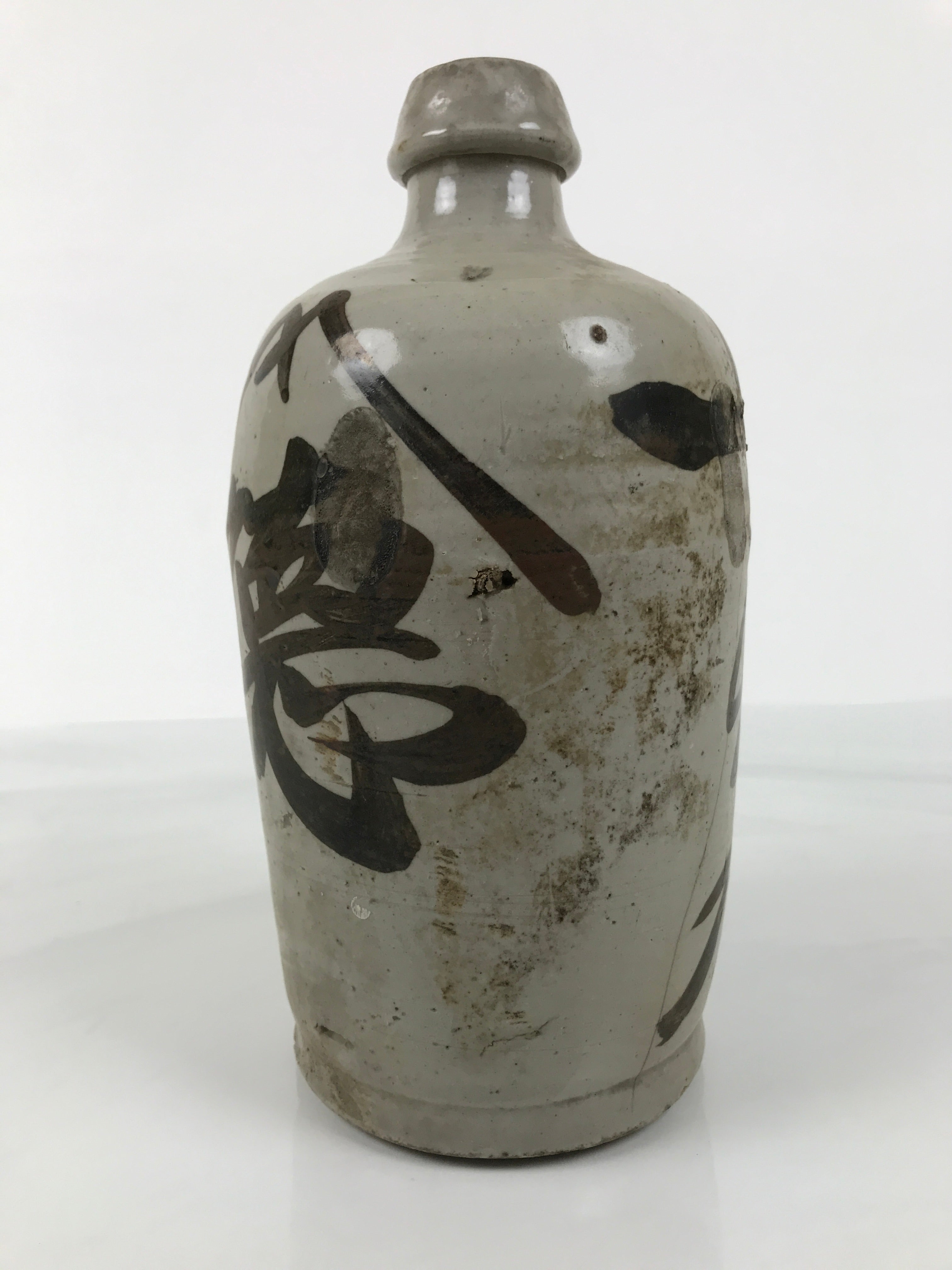 Antique Japanese Ceramic Sake Bottle Kayoi-Tokkuri Gray Kanji Yamatoku TS851
