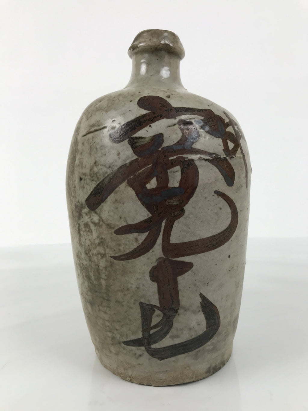 Antique Japanese Ceramic Sake Bottle Kayoi-Tokkuri Gray Kanji Yasui Manbei TS852