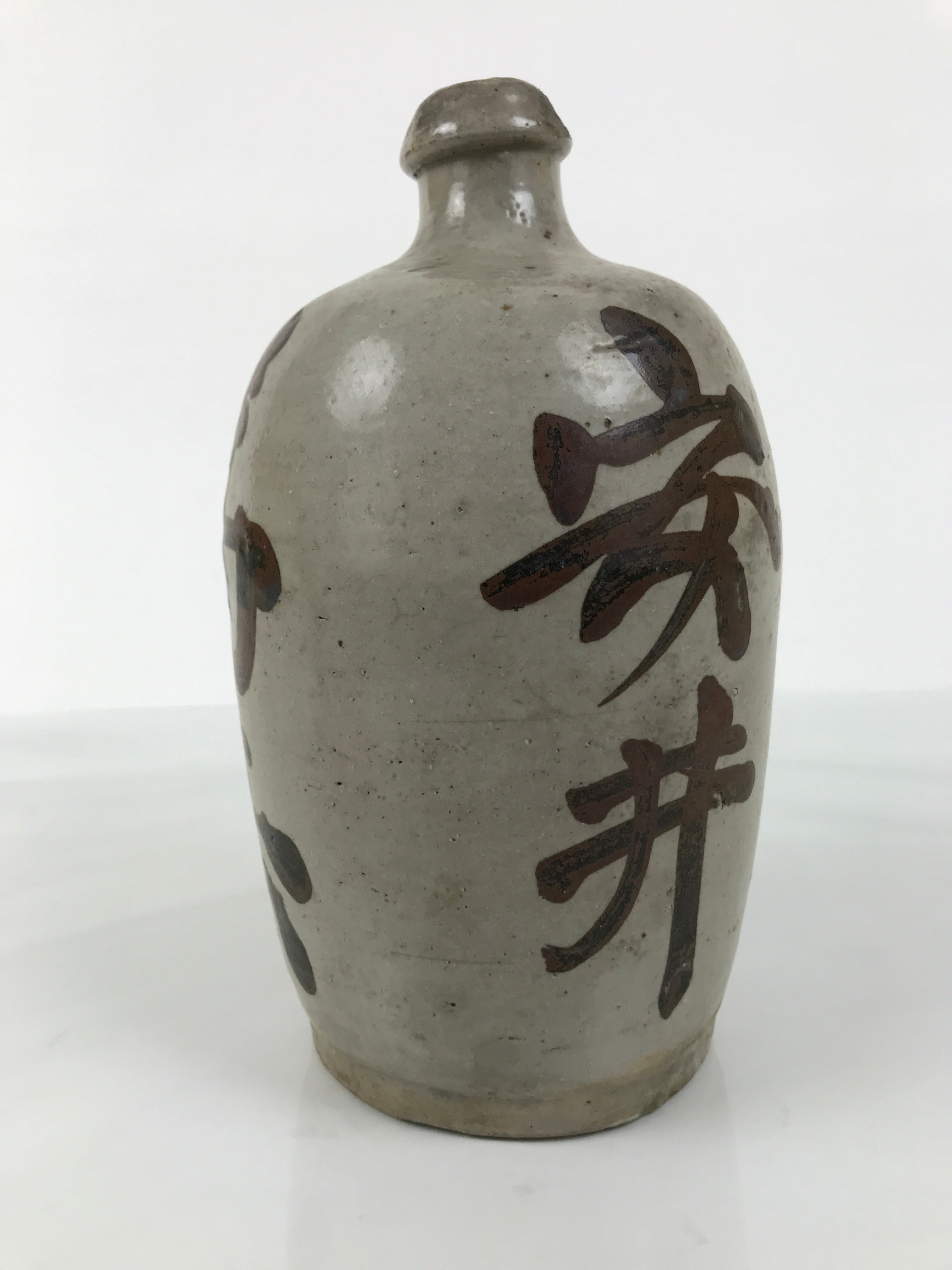 Antique Japanese Ceramic Sake Bottle Kayoi-Tokkuri Gray Kanji Yasui Manbei TS852
