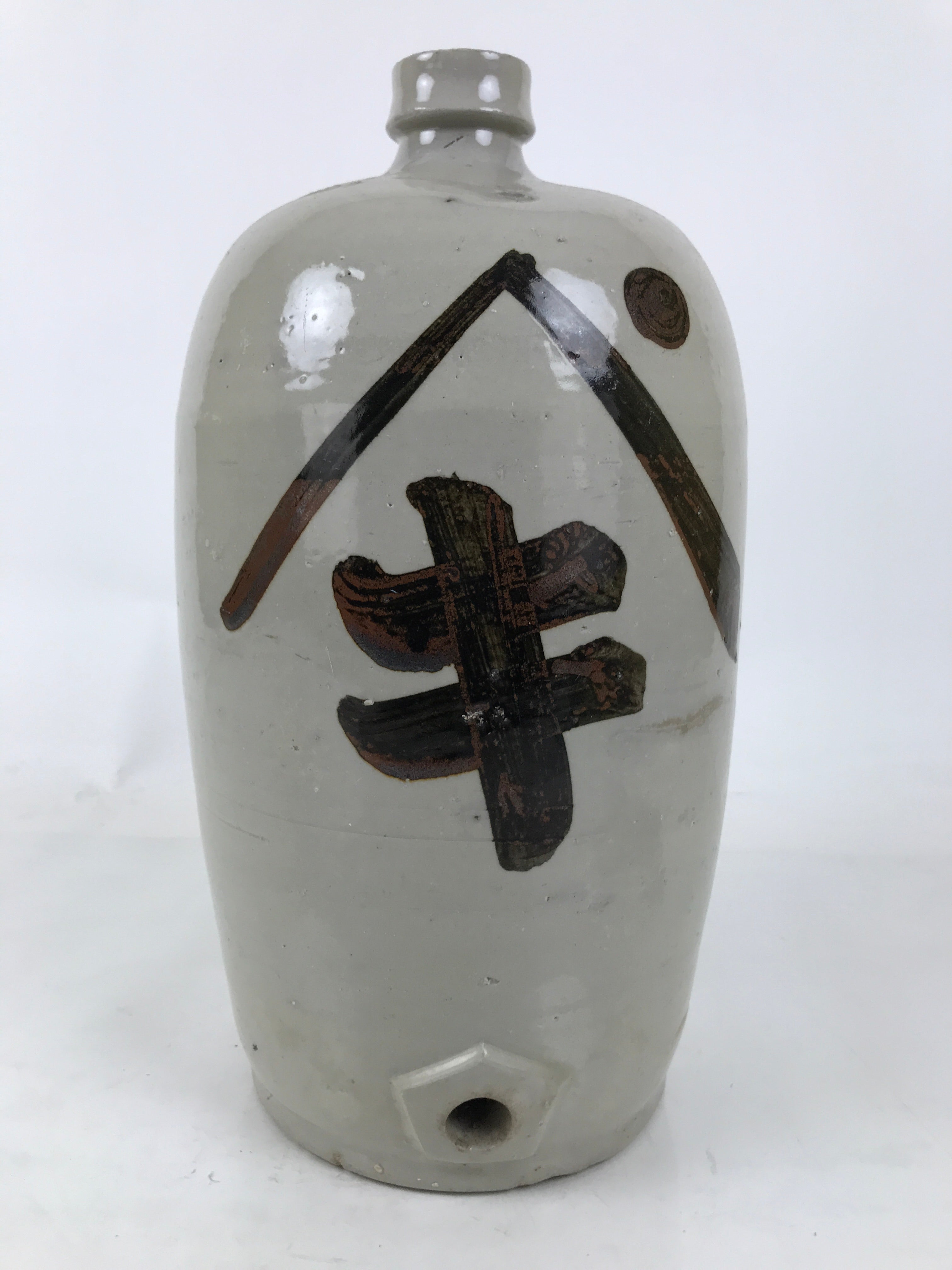 Antique Japanese Ceramic Sake Bottle Kayoi-Tokkuri Spout Large Gray Kanji TS800