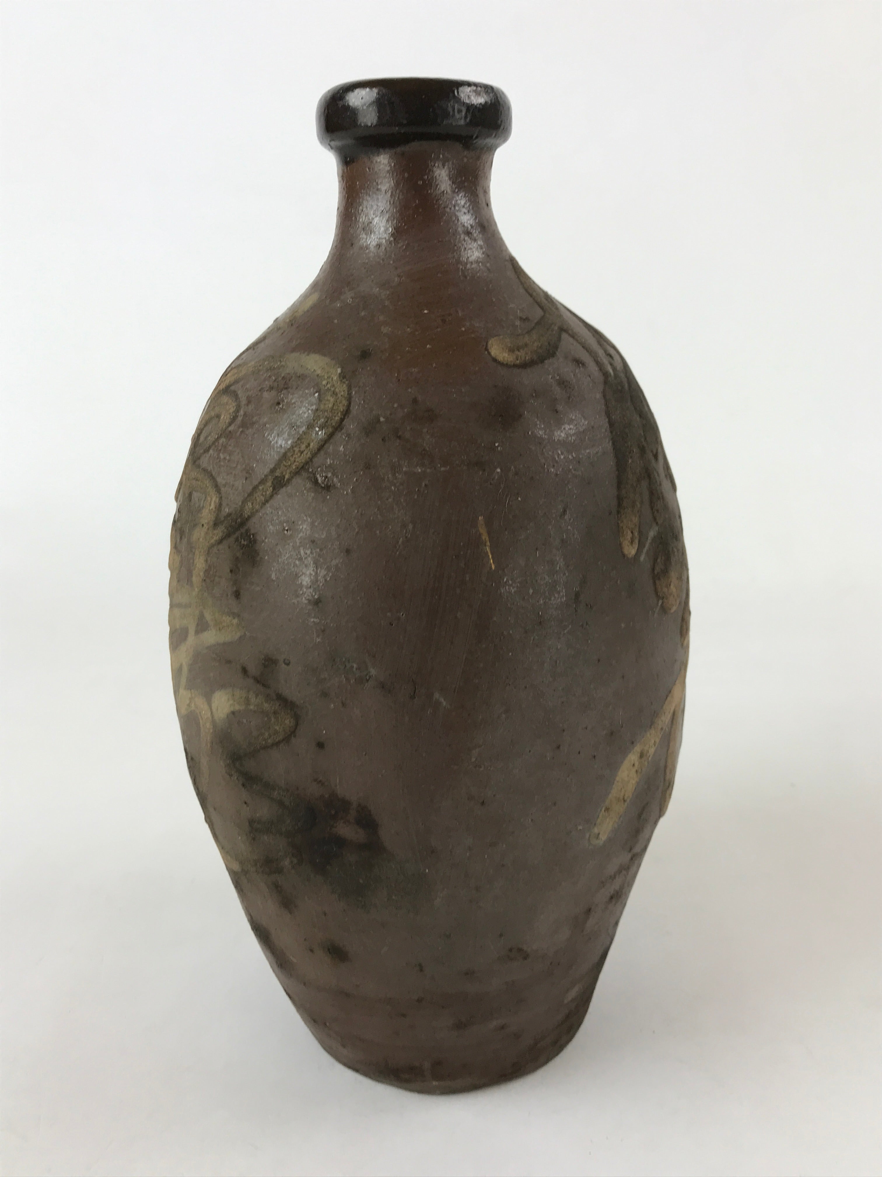 Antique Japanese Ceramic Sake Bottle Kayoi-Tokkuri Vtg Matte Brown Kanji TS585