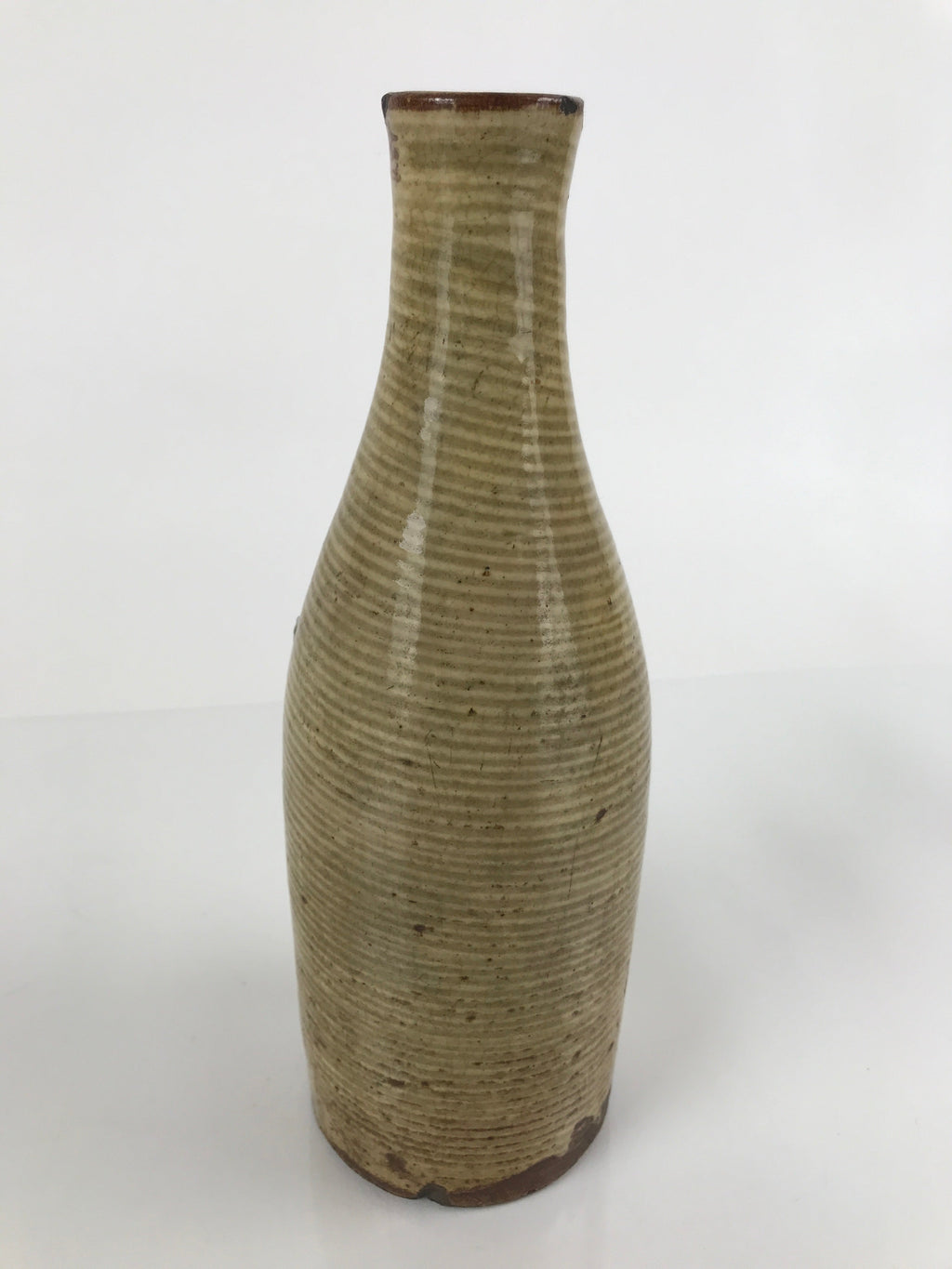 Antique Japanese Ceramic Sake Bottle Tokkuri Large Tall Brown Line Design TS628