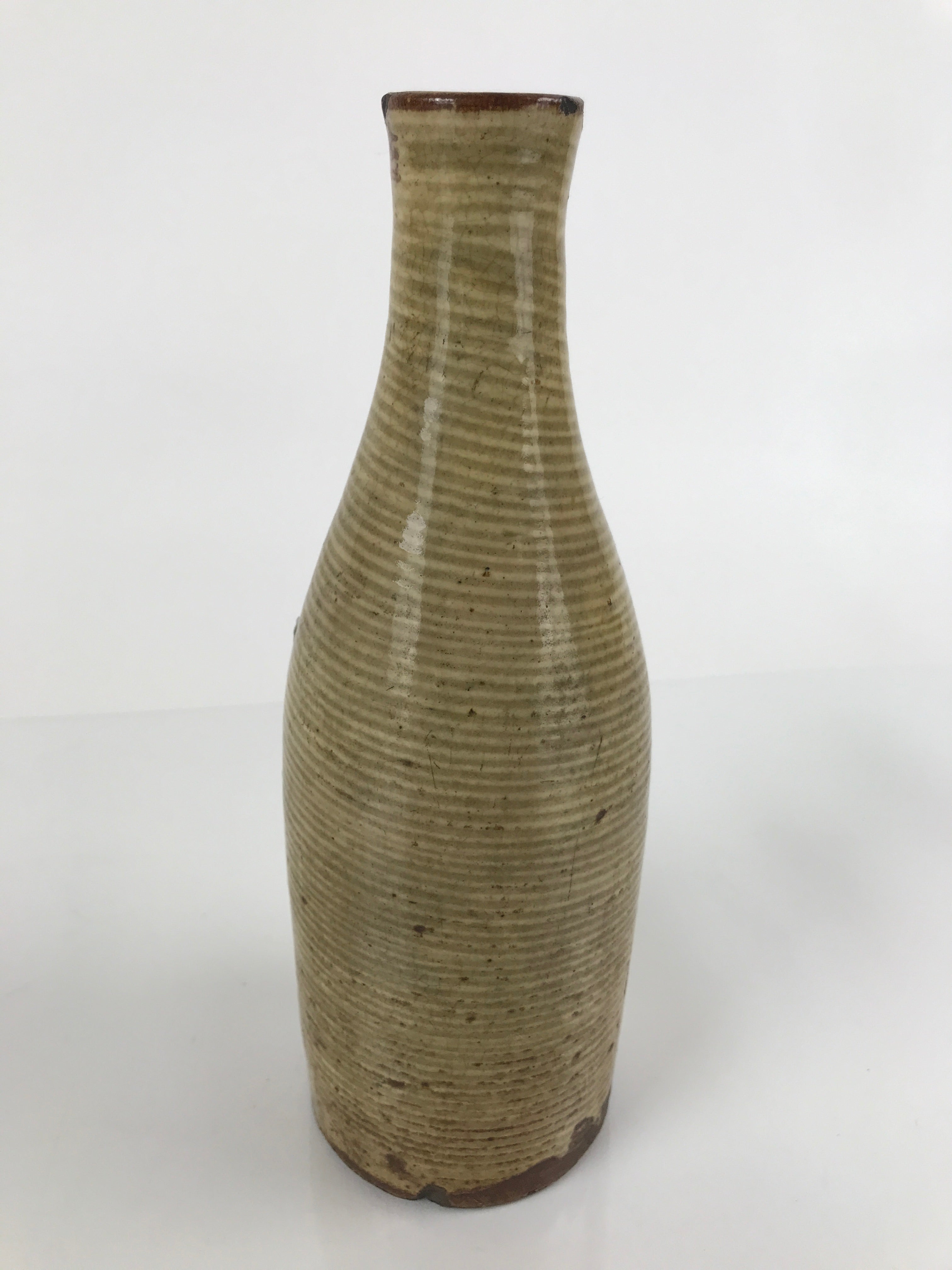 Antique Japanese Ceramic Sake Bottle Tokkuri Large Tall Brown Line Design TS628