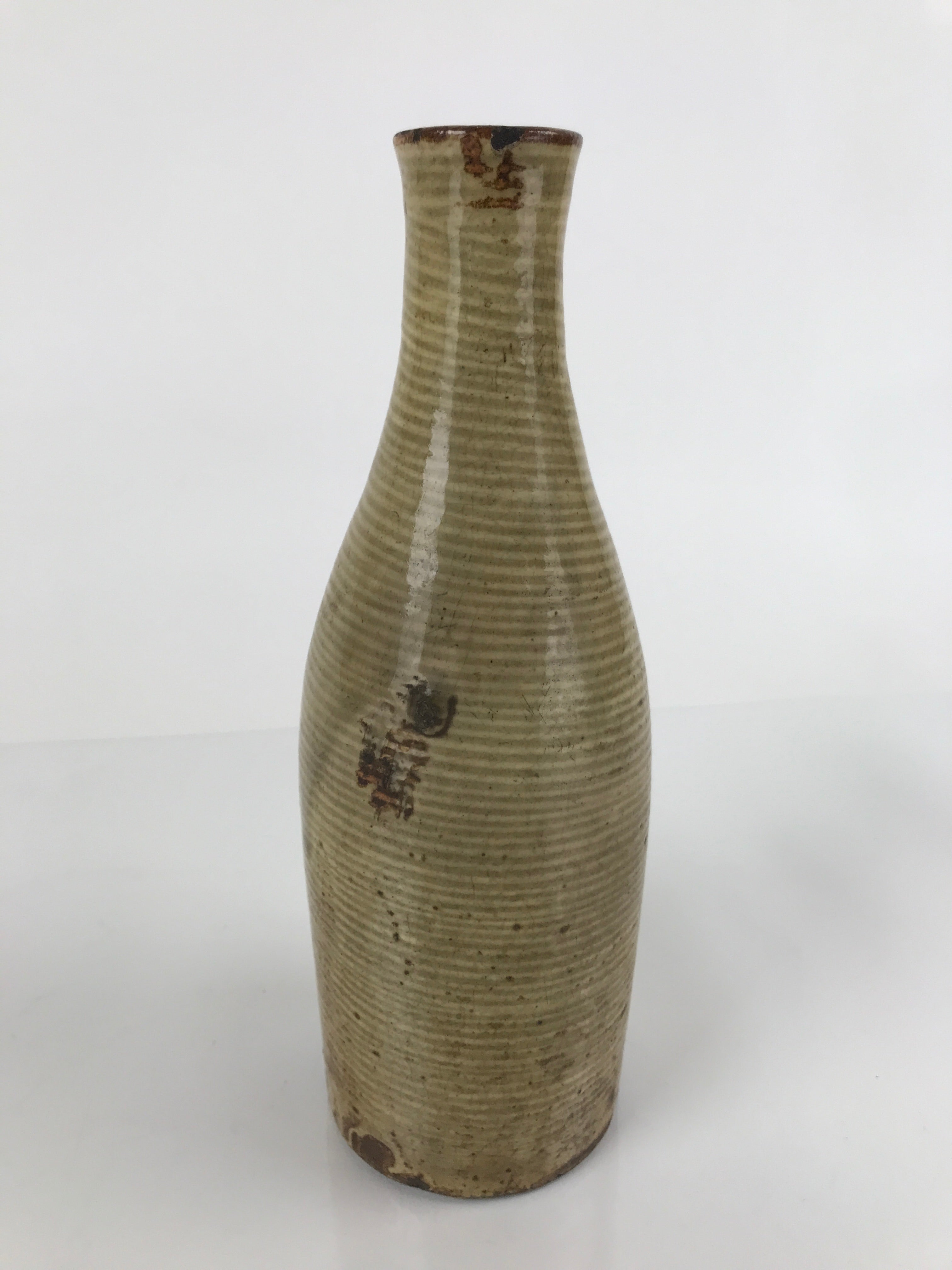 Antique Japanese Ceramic Sake Bottle Tokkuri Large Tall Brown Line Design TS628