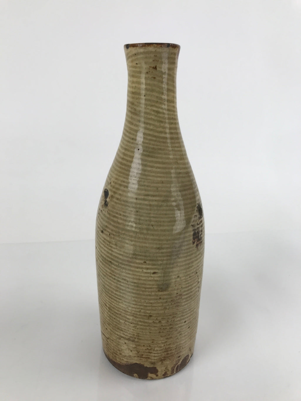 Antique Japanese Ceramic Sake Bottle Tokkuri Large Tall Brown Line Design TS628