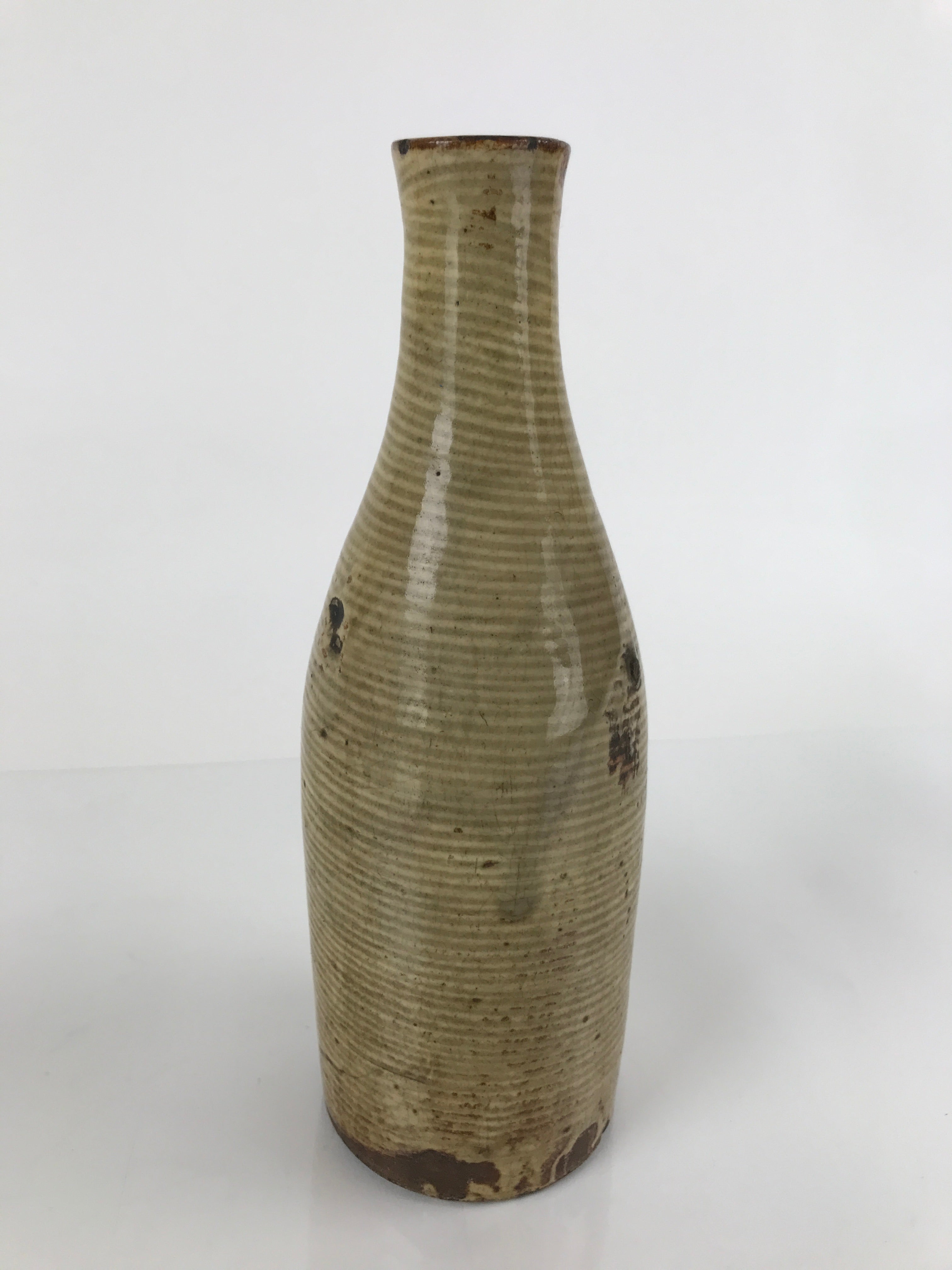 Antique Japanese Ceramic Sake Bottle Tokkuri Large Tall Brown Line Design TS628