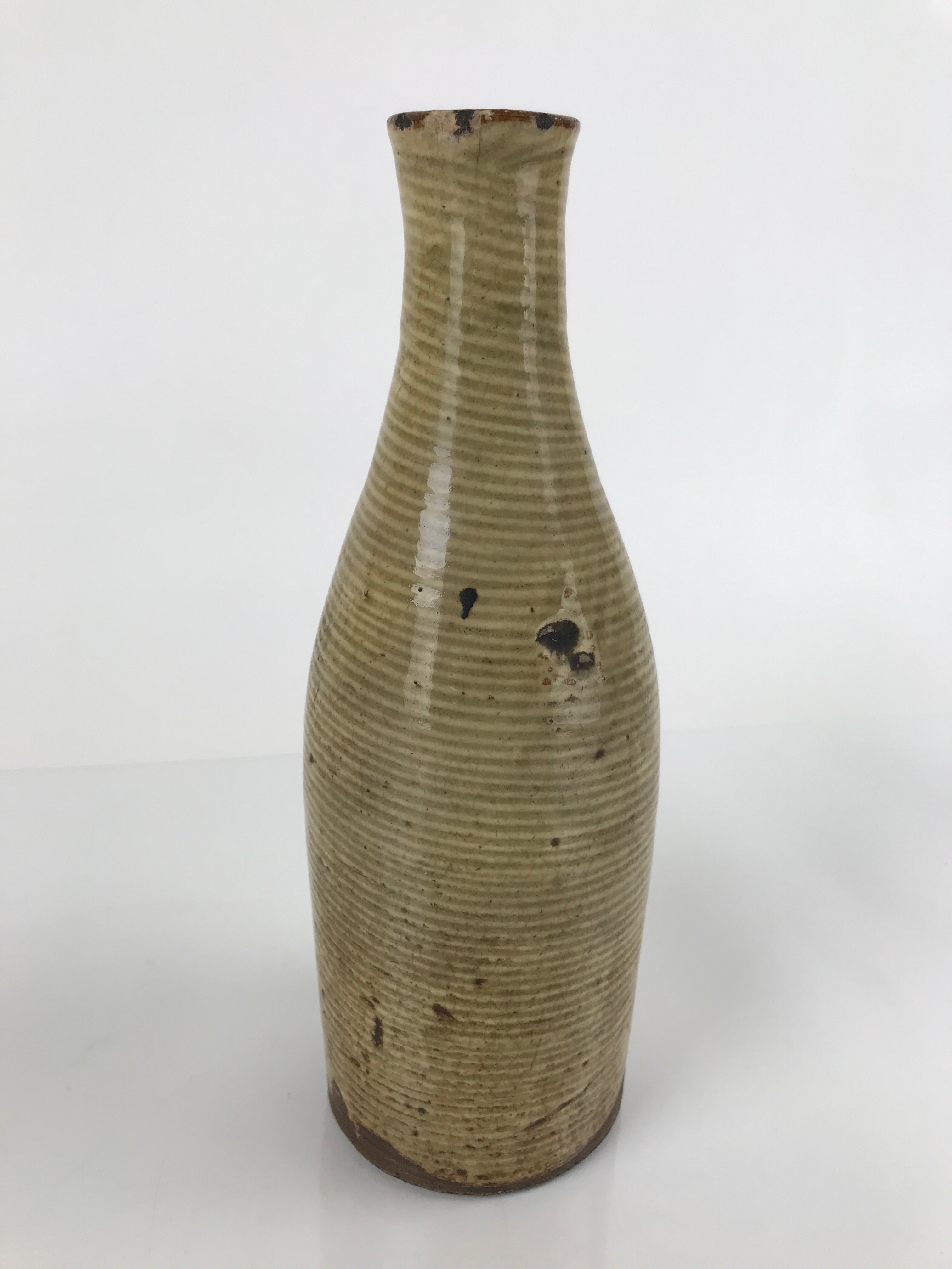 Antique Japanese Ceramic Sake Bottle Tokkuri Large Tall Brown Line Design TS628