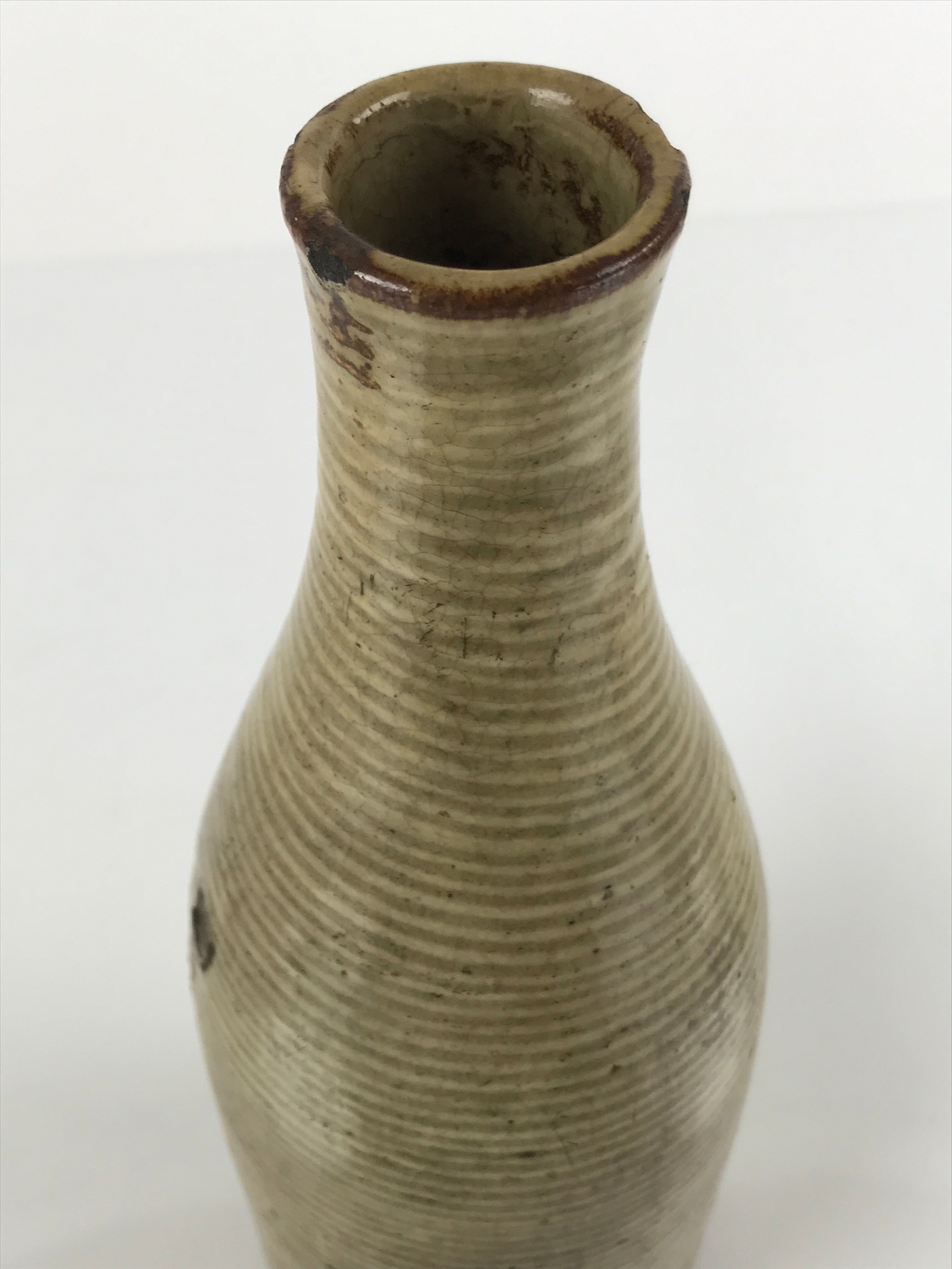 Antique Japanese Ceramic Sake Bottle Tokkuri Large Tall Brown Line Design TS628