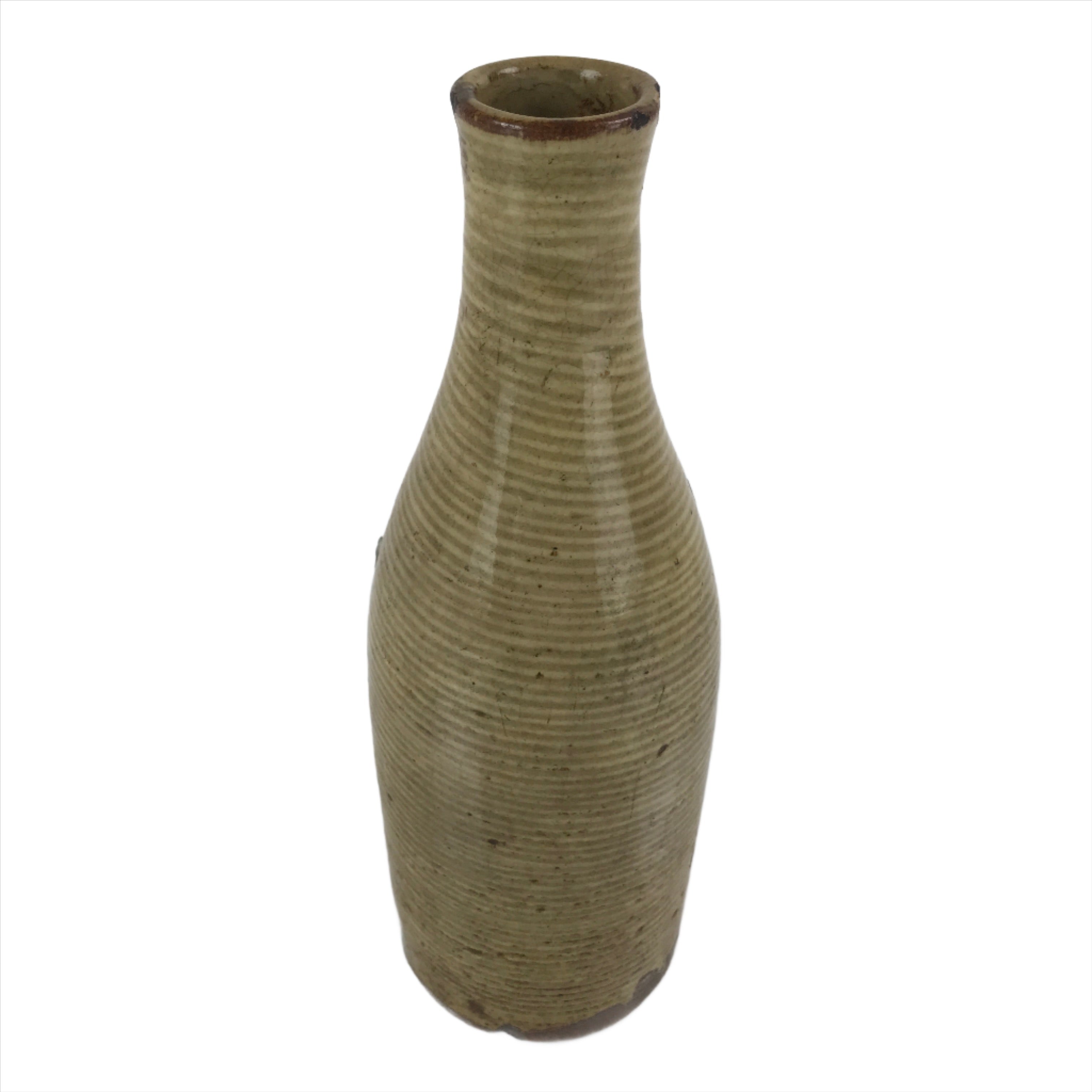 Antique Japanese Ceramic Sake Bottle Tokkuri Large Tall Brown Line Design TS628