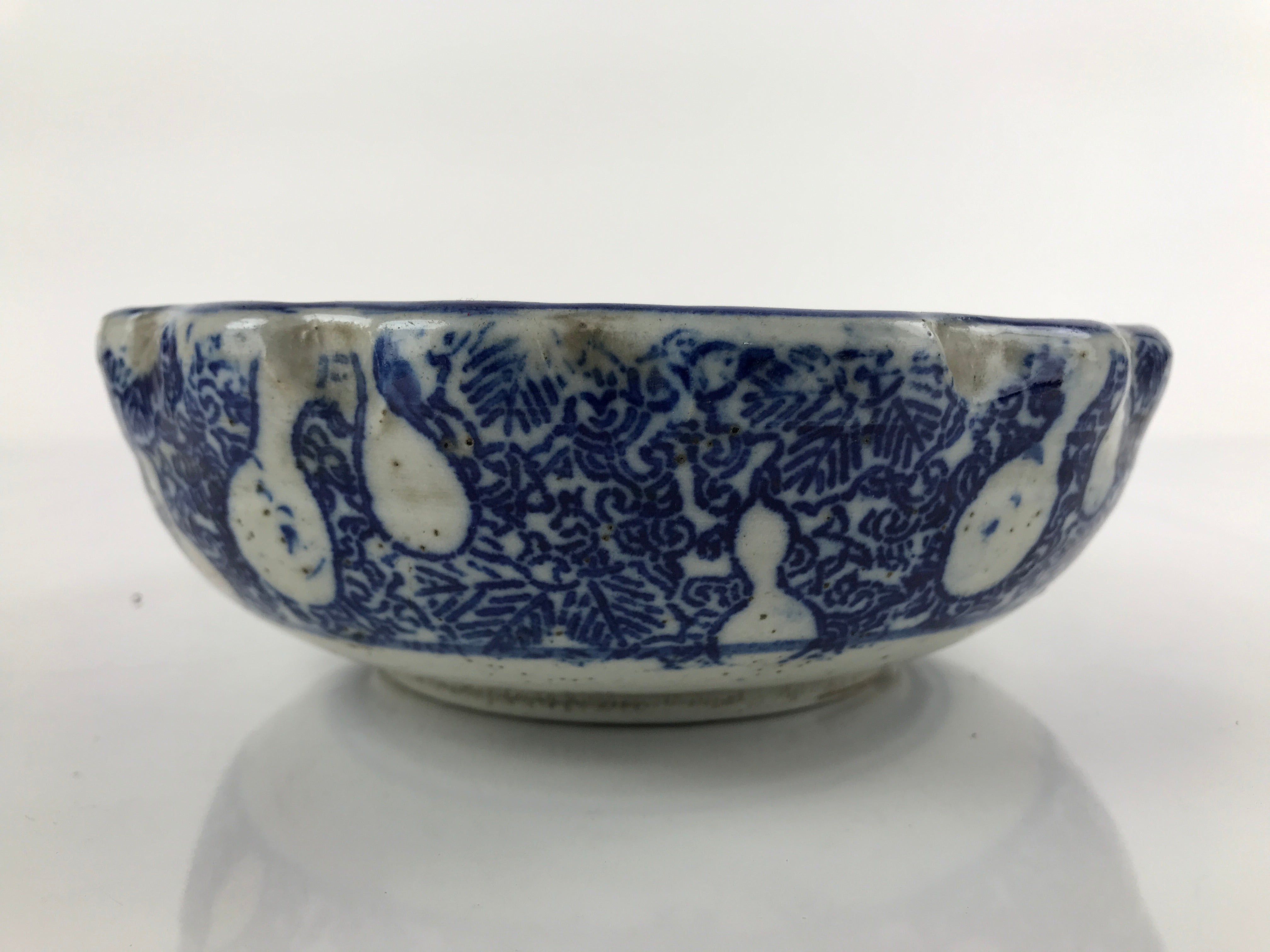 Antique Japanese Ceramic Sometsuke Bowl Shishi Lion Hyotan Gourd Blue PY660