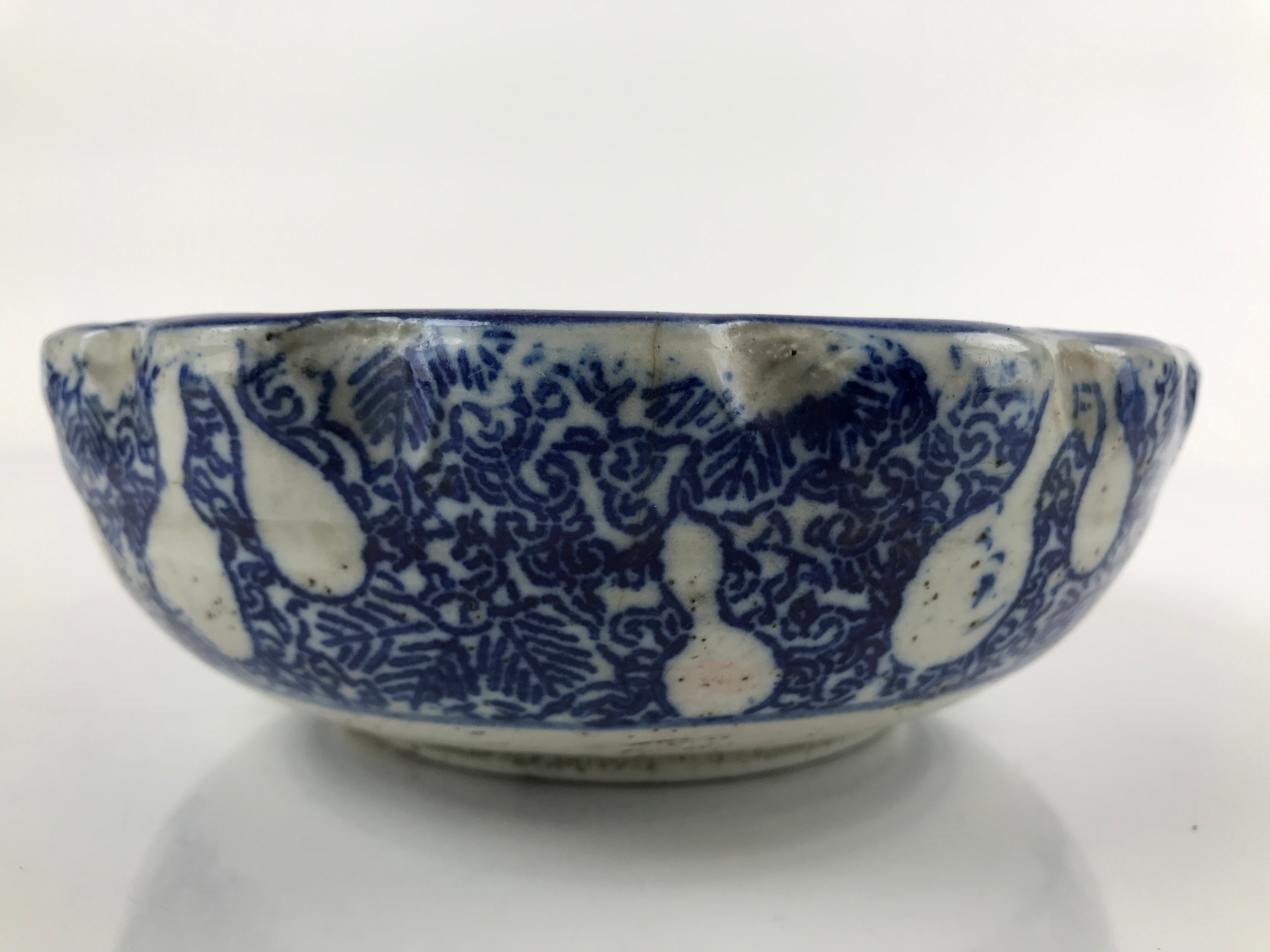 Antique Japanese Ceramic Sometsuke Bowl Shishi Lion Hyotan Gourd Blue PY660