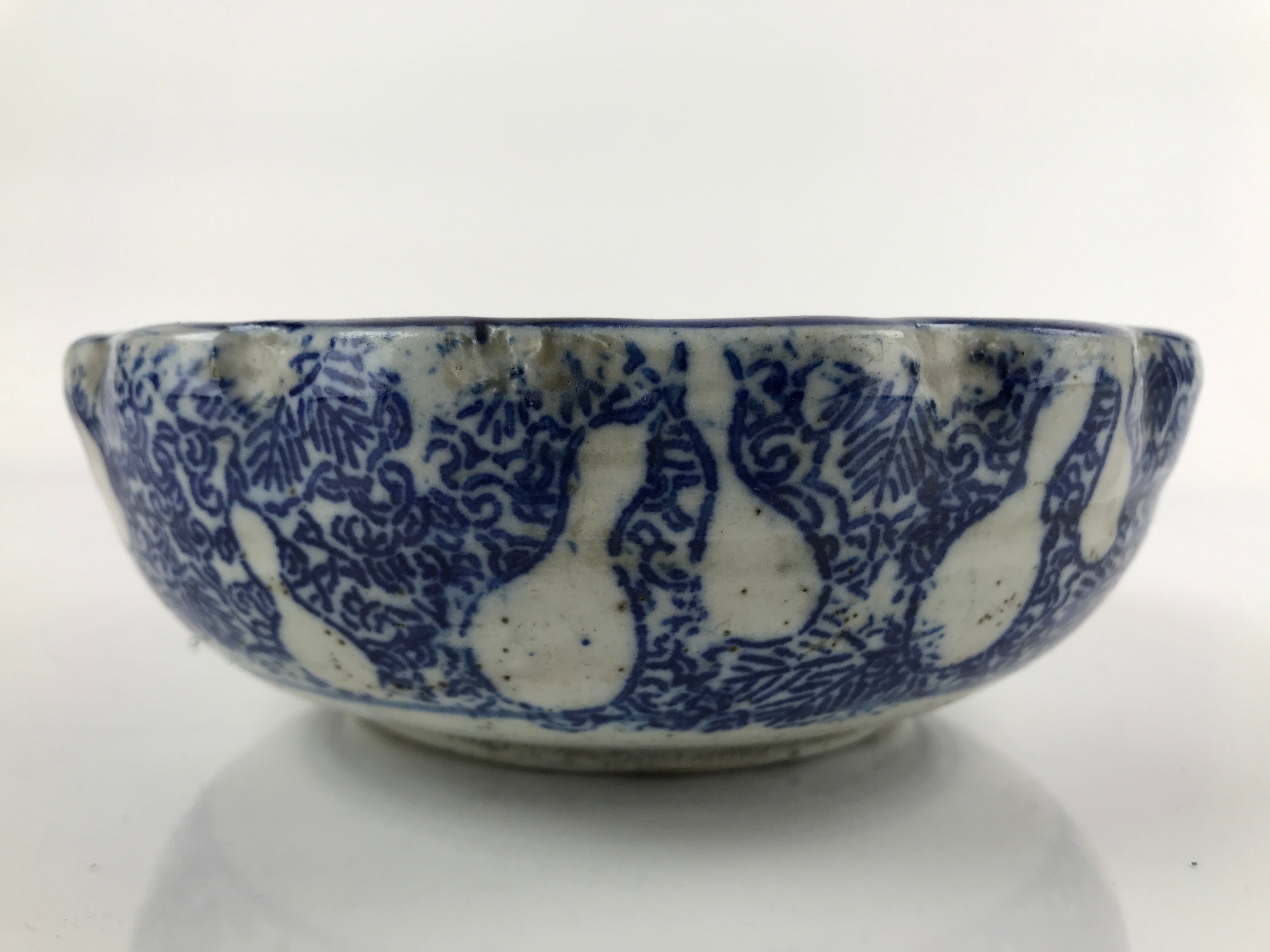 Antique Japanese Ceramic Sometsuke Bowl Shishi Lion Hyotan Gourd Blue PY660