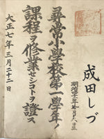 Antique Japanese Elementary School Grade Completion Certificate C1918 Paper P401
