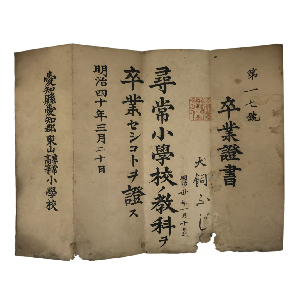 Antique Japanese Graduation Certificate C1907 Meiji Elementary School Paper P400
