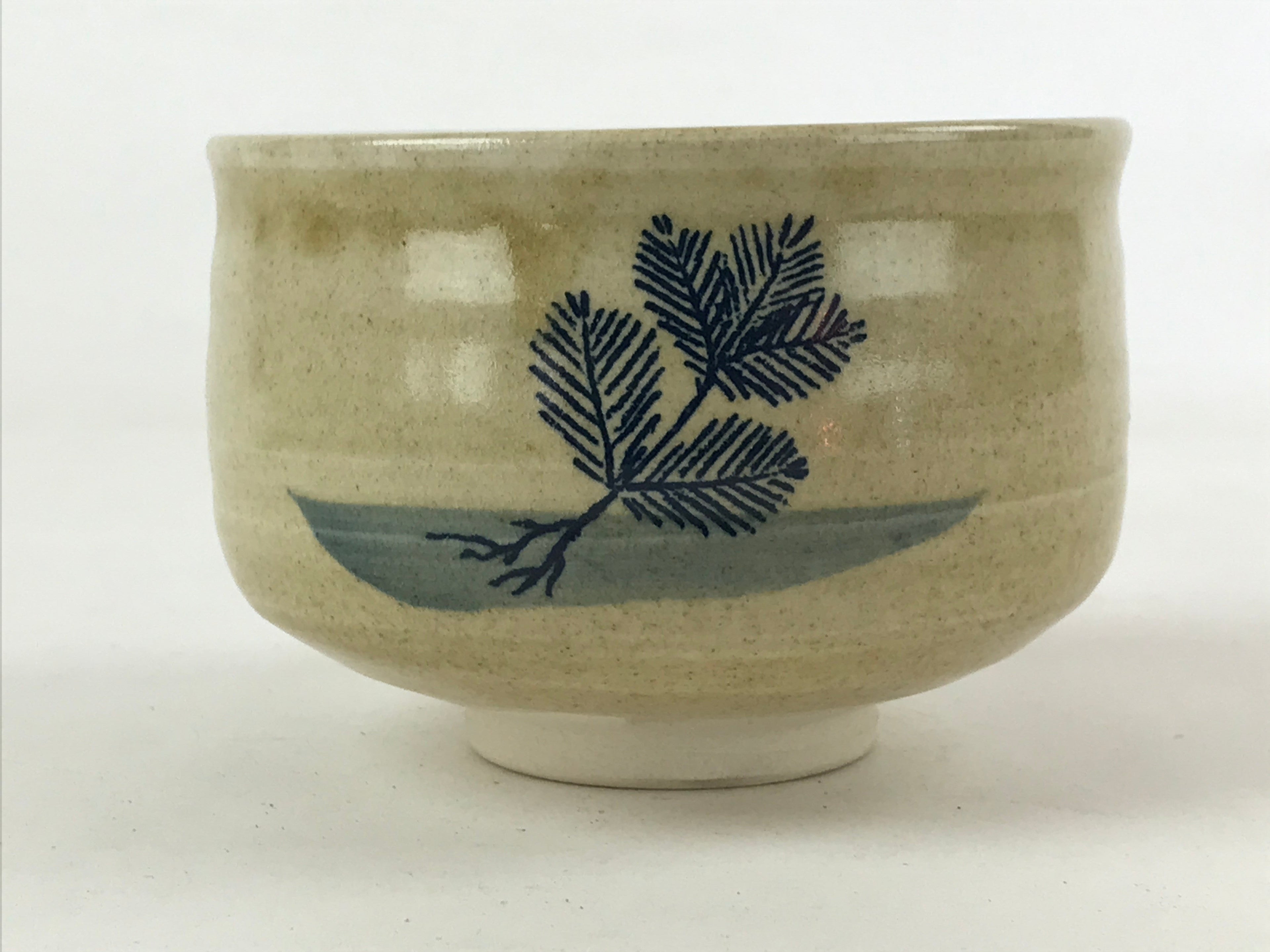 Antique Japanese Green Tea Ceremony Bowl Vtg Beige Pine Tree Matcha Chawan CHB4
