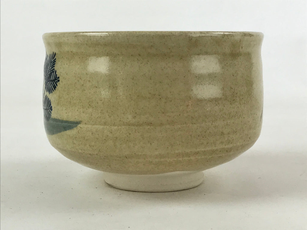 Antique Japanese Green Tea Ceremony Bowl Vtg Beige Pine Tree Matcha Chawan CHB4