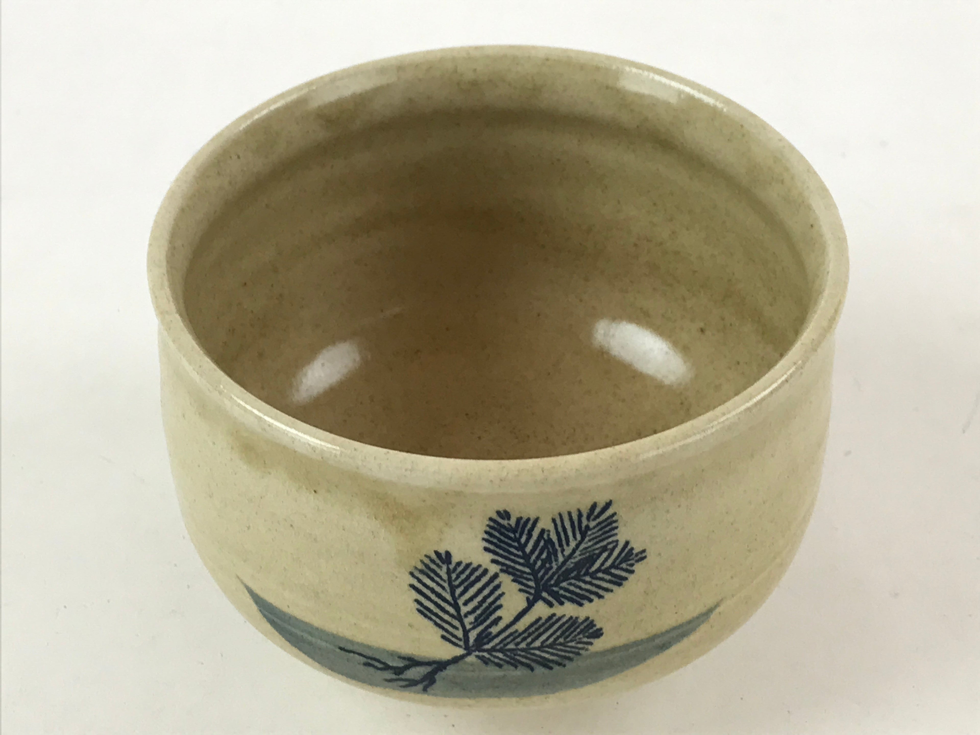 Antique Japanese Green Tea Ceremony Bowl Vtg Beige Pine Tree Matcha Chawan CHB4