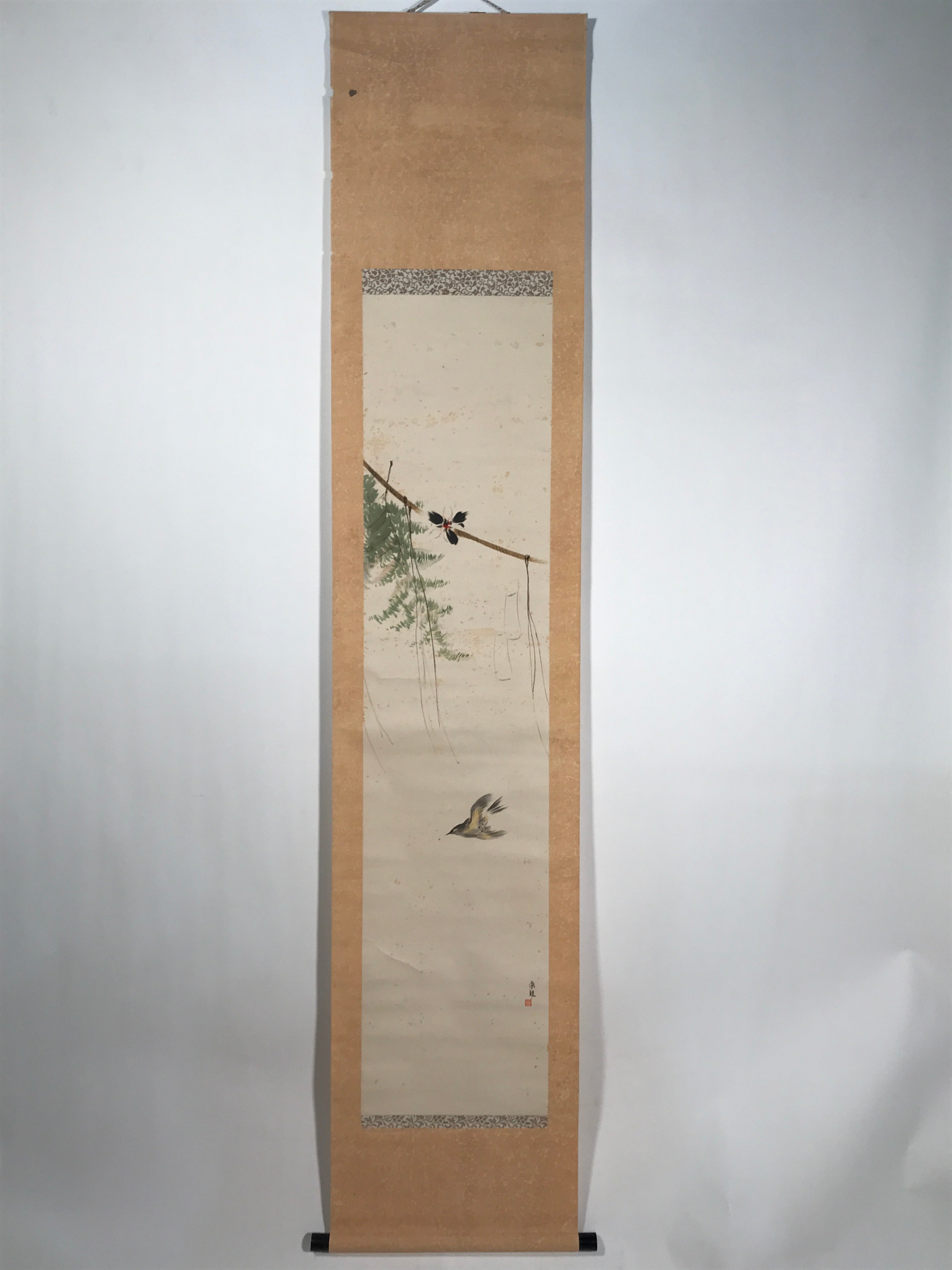 Antique Japanese Hanging Scroll Kakejiku Bird Flower Painting Kacho Color KJ186