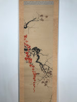 Antique Japanese Hanging Scroll Kakejiku Bird Muku Tree Fruit Red Leaves KJ192