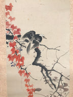 Antique Japanese Hanging Scroll Kakejiku Bird Muku Tree Fruit Red Leaves KJ192