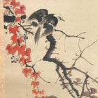 Antique Japanese Hanging Scroll Kakejiku Bird Muku Tree Fruit Red Leaves KJ192