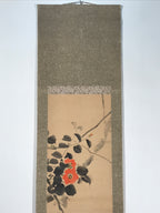 Antique Japanese Hanging Scroll Kakejiku Camellia Flower Winter Black Red KJ188