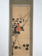 Antique Japanese Hanging Scroll Kakejiku Camellia Flower Winter Black Red KJ188