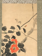 Antique Japanese Hanging Scroll Kakejiku Camellia Flower Winter Black Red KJ188
