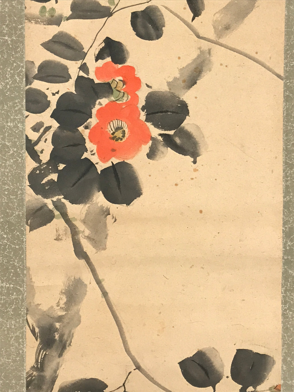 Antique Japanese Hanging Scroll Kakejiku Camellia Flower Winter Black Red KJ188