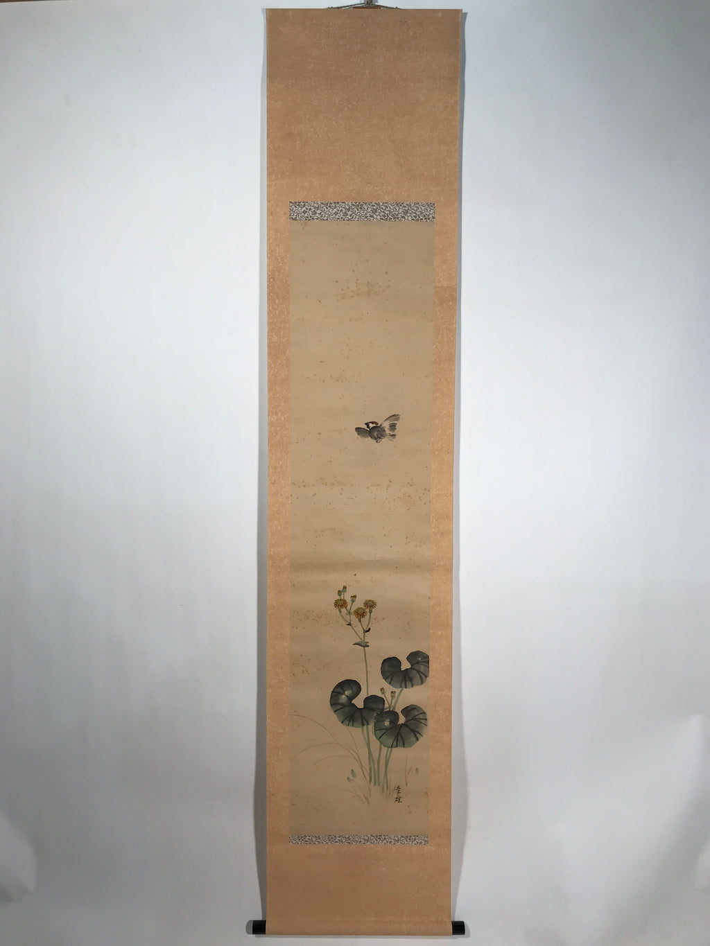 Antique Japanese Hanging Scroll Kakejiku Leopard Plant Bird Green Yellow KJ189