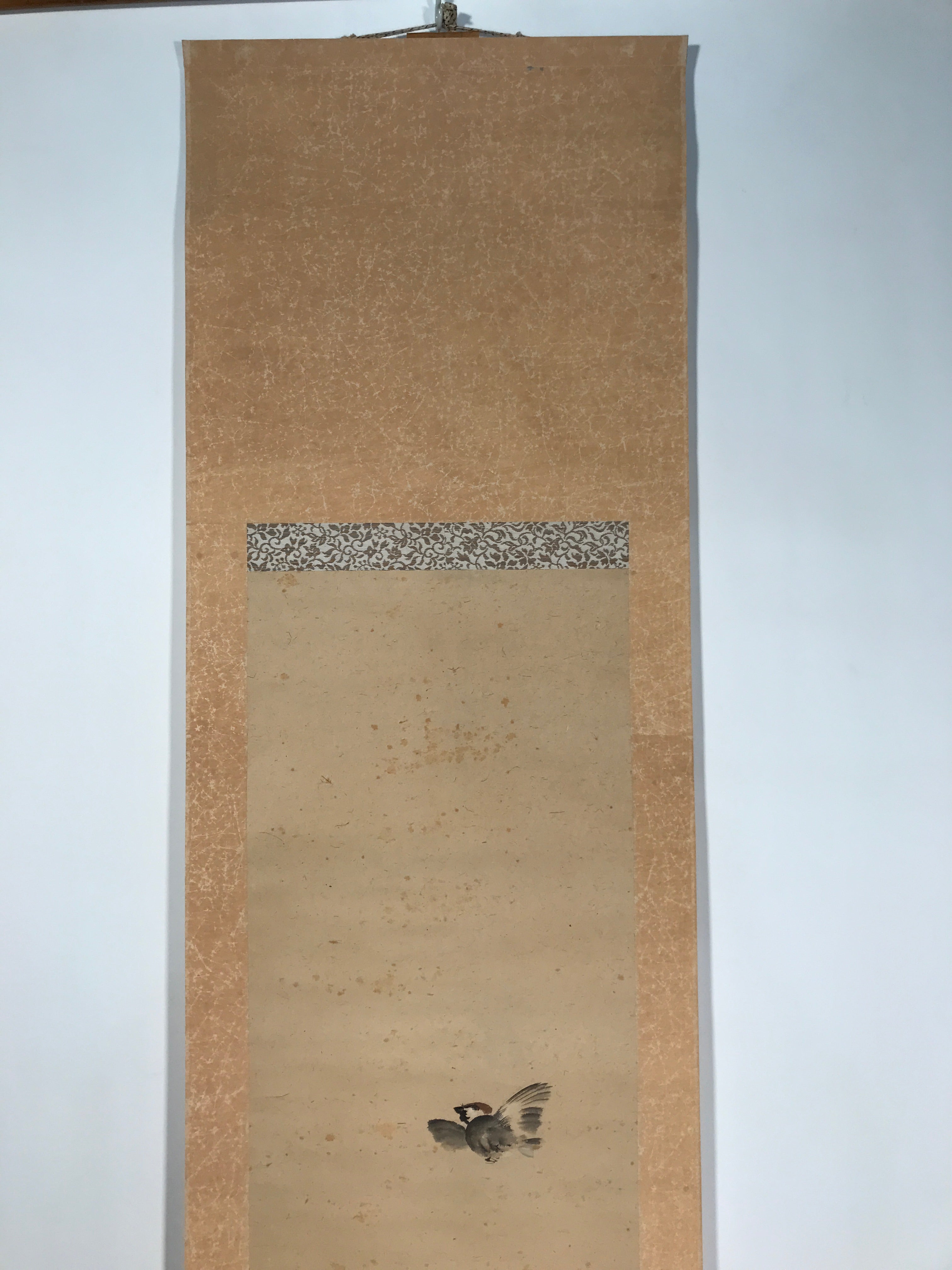 Antique Japanese Hanging Scroll Kakejiku Leopard Plant Bird Green Yellow KJ189