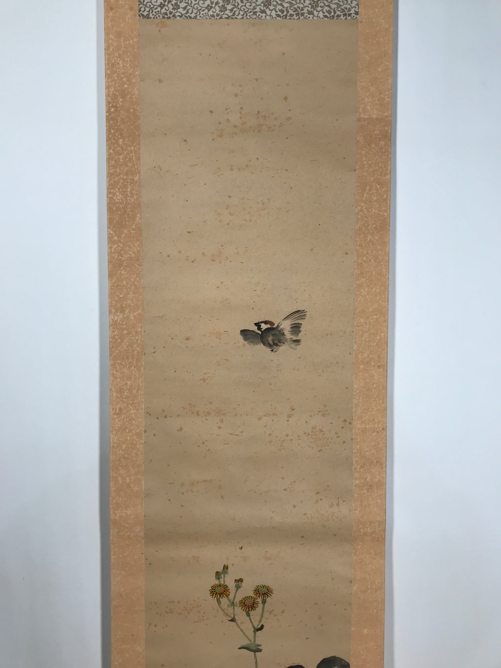 Antique Japanese Hanging Scroll Kakejiku Leopard Plant Bird Green Yellow KJ189
