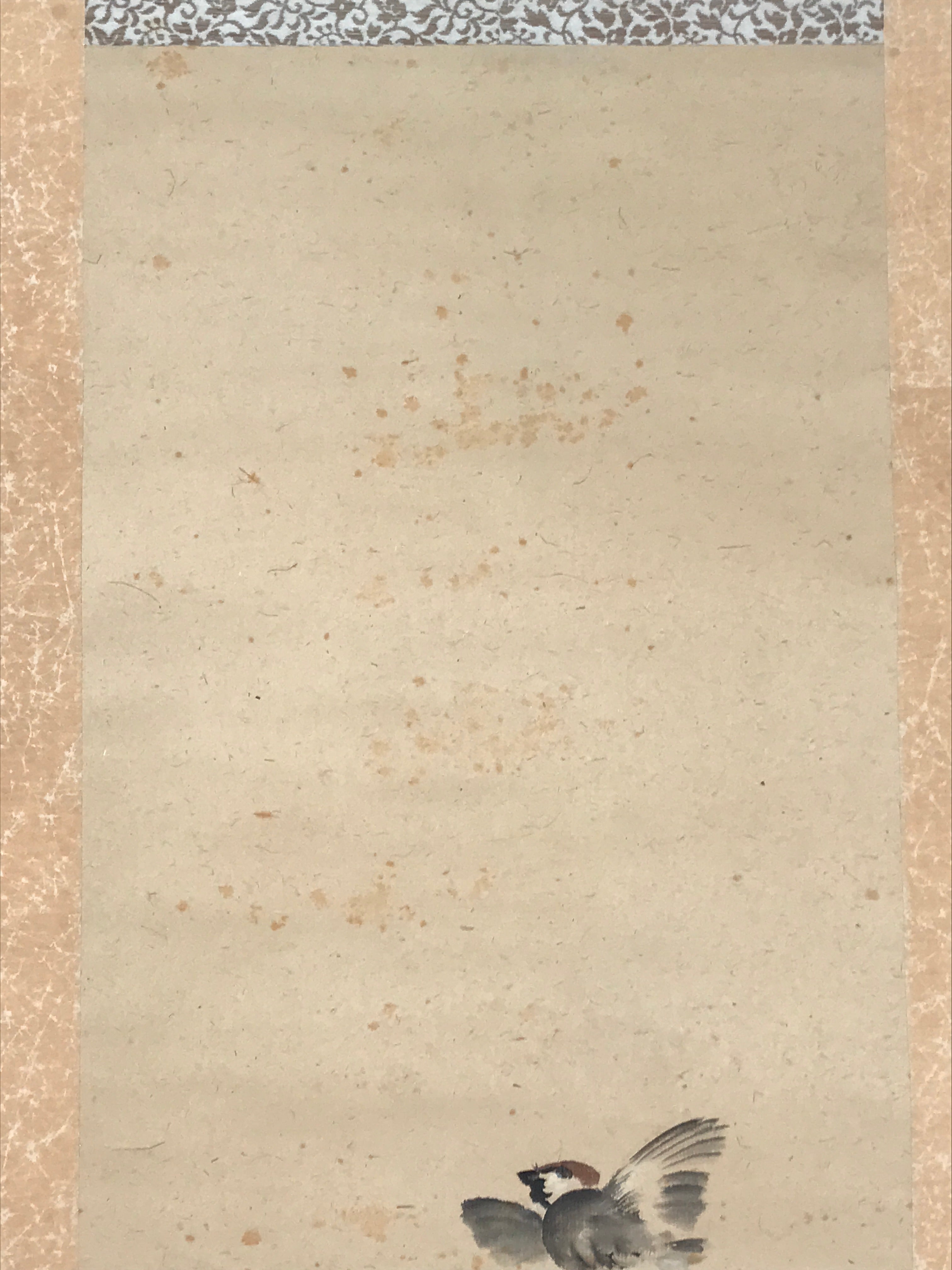 Antique Japanese Hanging Scroll Kakejiku Leopard Plant Bird Green Yellow KJ189