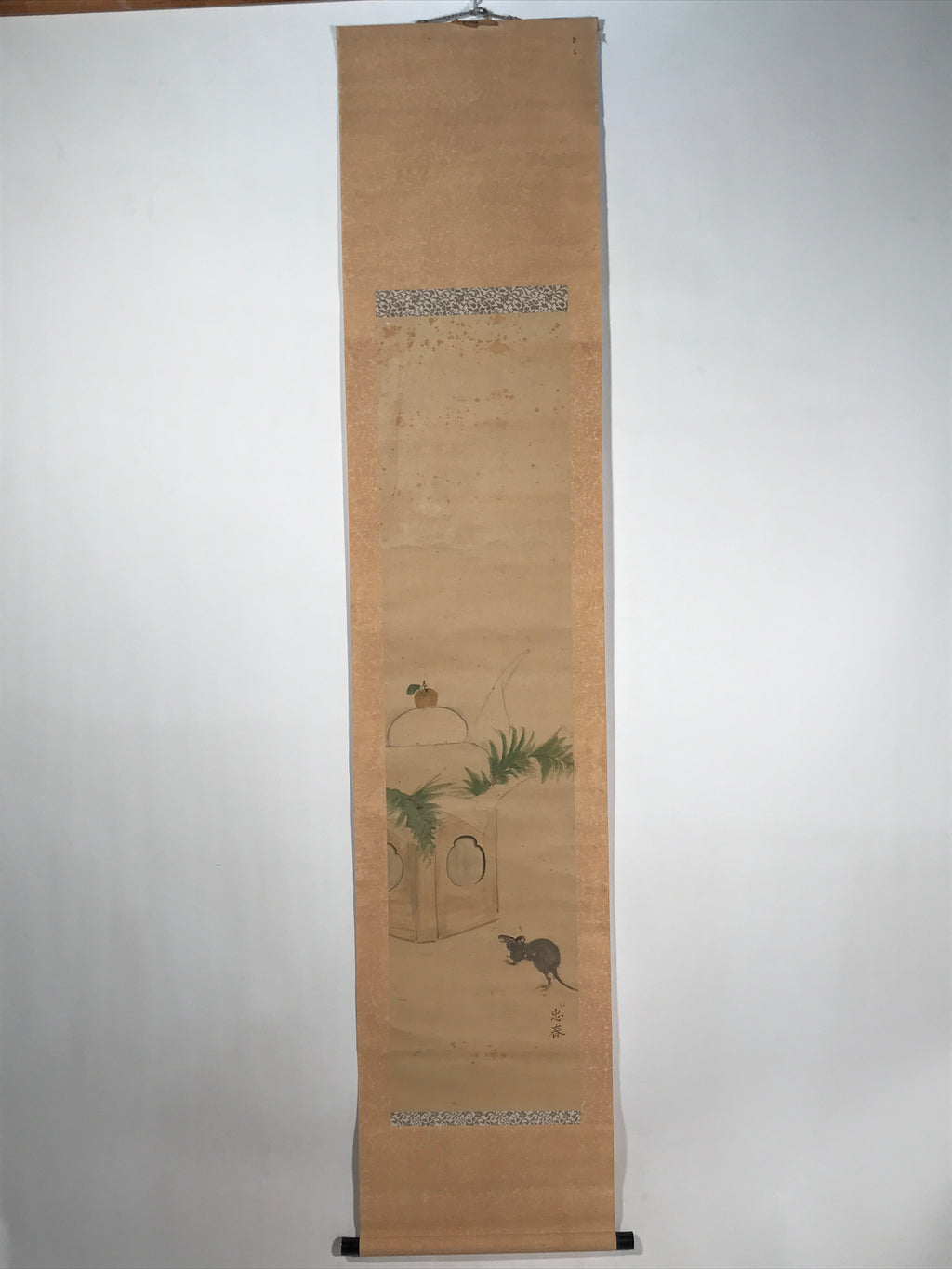Antique Japanese Hanging Scroll Kakejiku New Year Kagamimochi Mouse Color KJ187