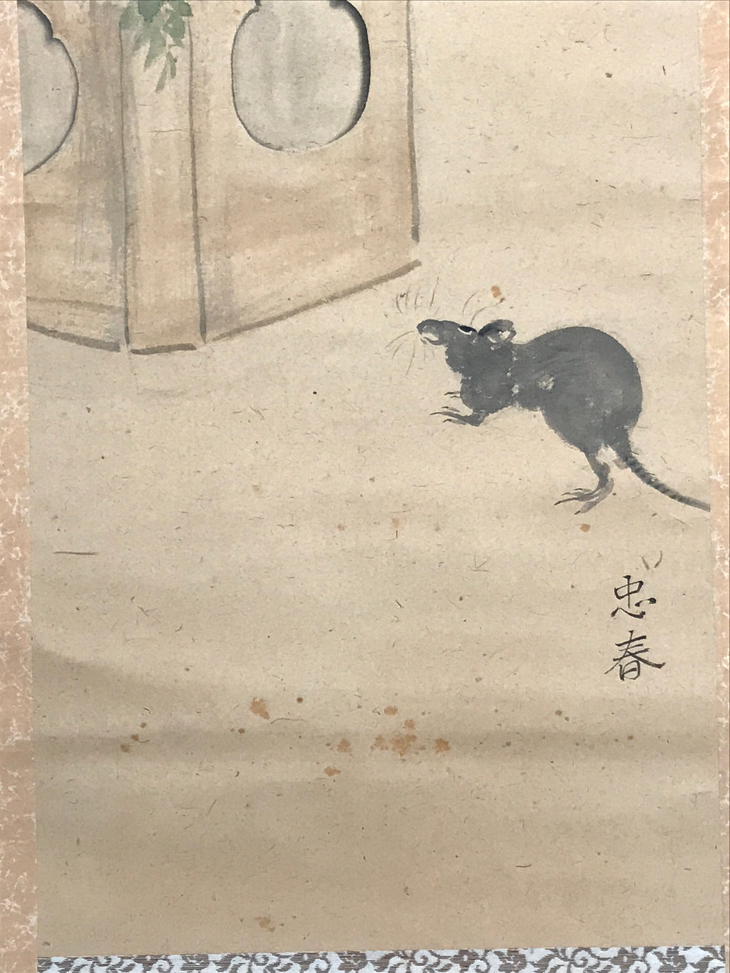 Antique Japanese Hanging Scroll Kakejiku New Year Kagamimochi Mouse Color KJ187