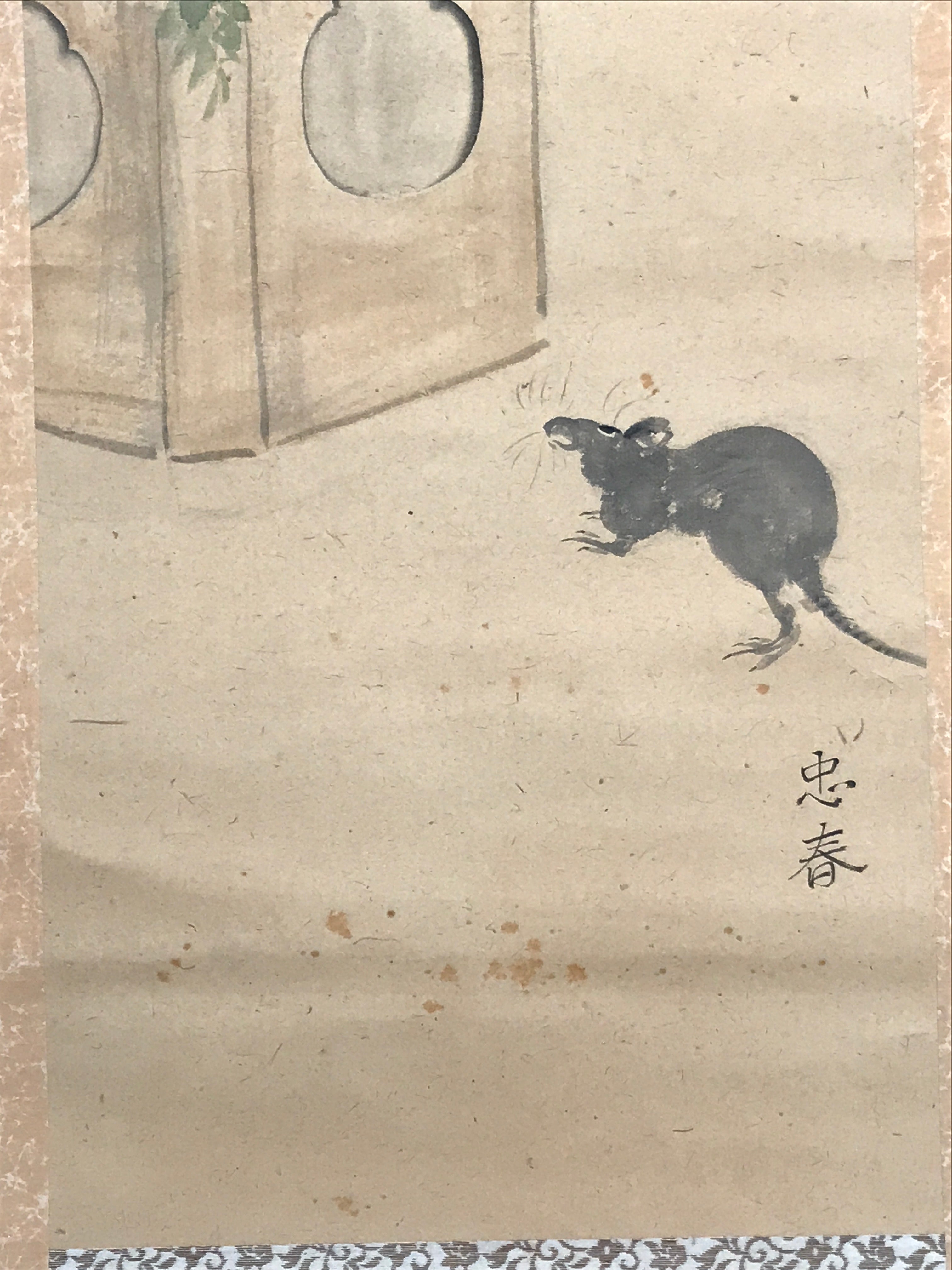 Antique Japanese Hanging Scroll Kakejiku New Year Kagamimochi Mouse Color KJ187