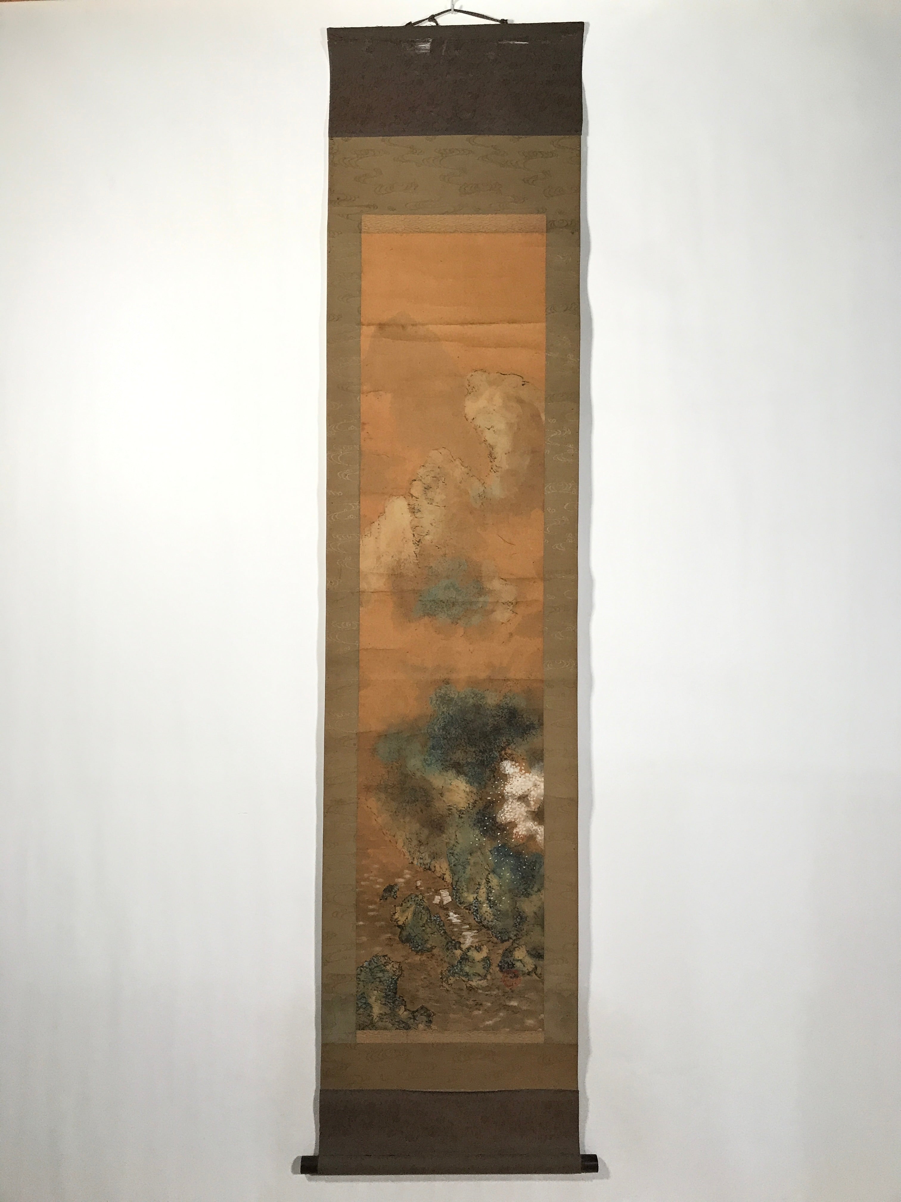 Antique Japanese Hanging Scroll Vtg Kakejiku Mountain River Boats Ink Color KJ94